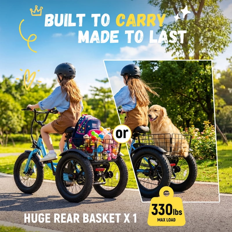 Elecby T300mini Electric Tricycle, 16 in Fat Tire Folding 3-Wheel E-Bike with 500W Motor (Blue) m1q5x