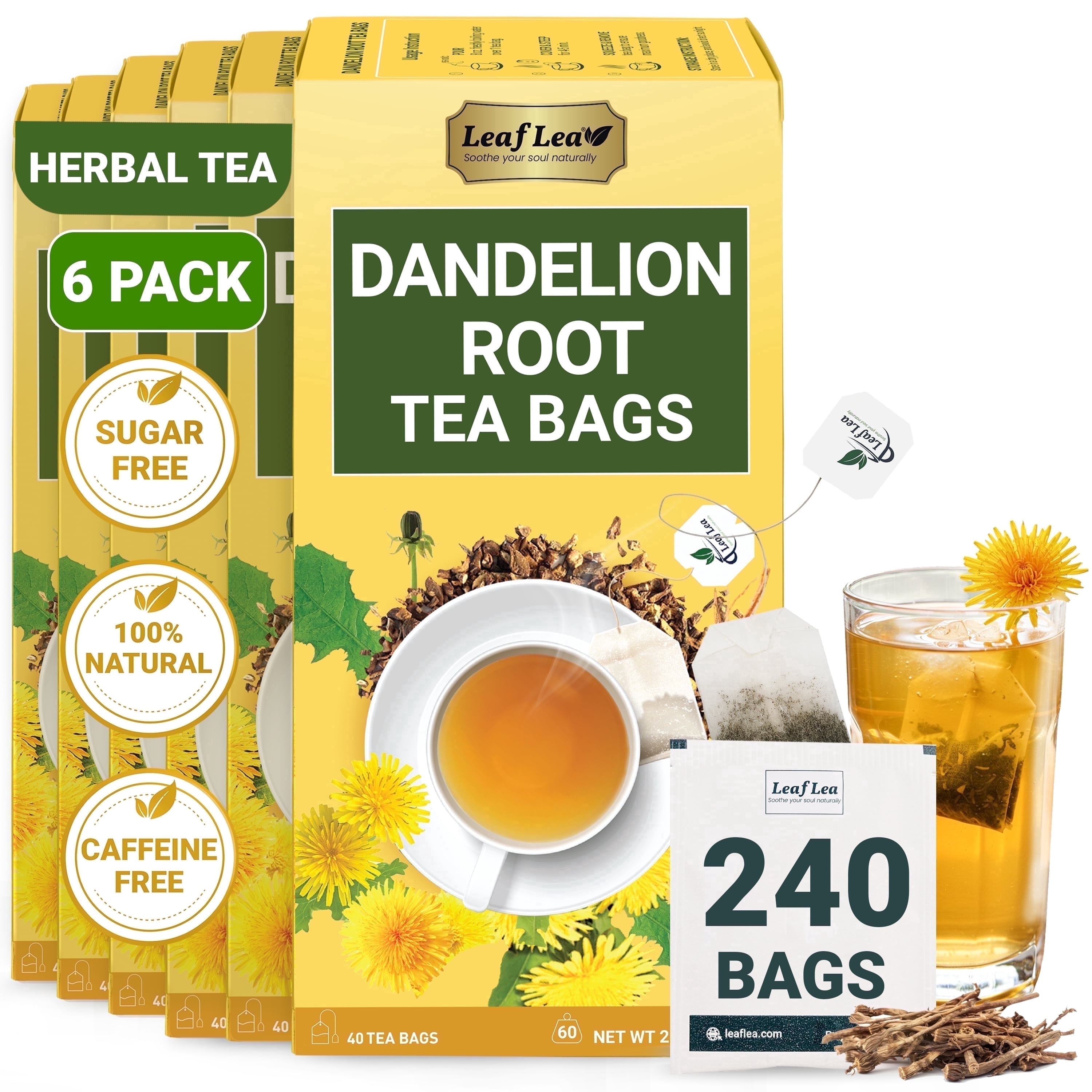 LeafLea Dandelion Root Herbal Tea Bags, Caffeine-Free Natural Tea Blend (240 Count, 6 Packs) l146r