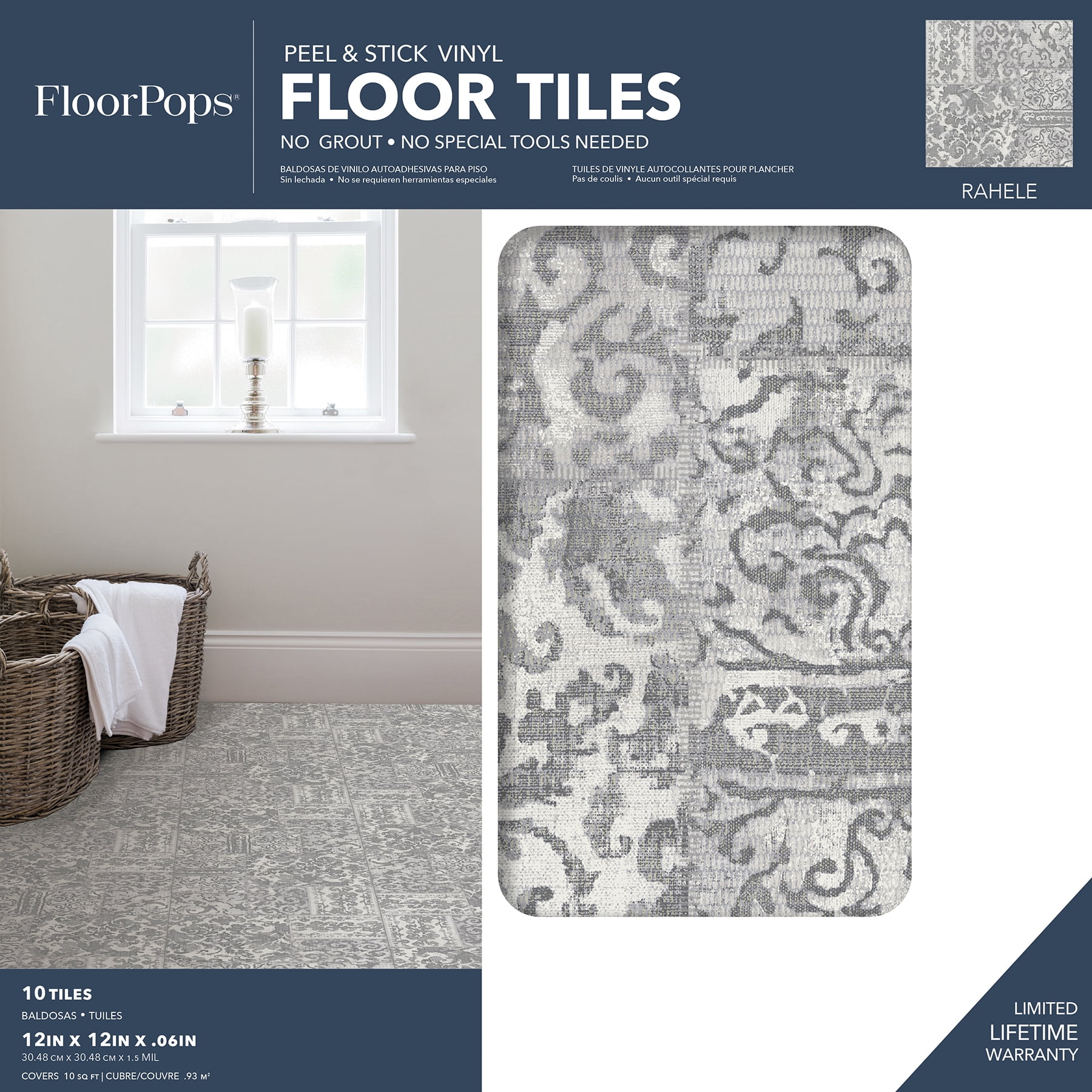 FloorPops Rahele Peel & Stick Floor Tiles, Antique Rug Inspired Vinyl Flooring (Grey, 10 Pack, 12 in x 12 in) 8zahs