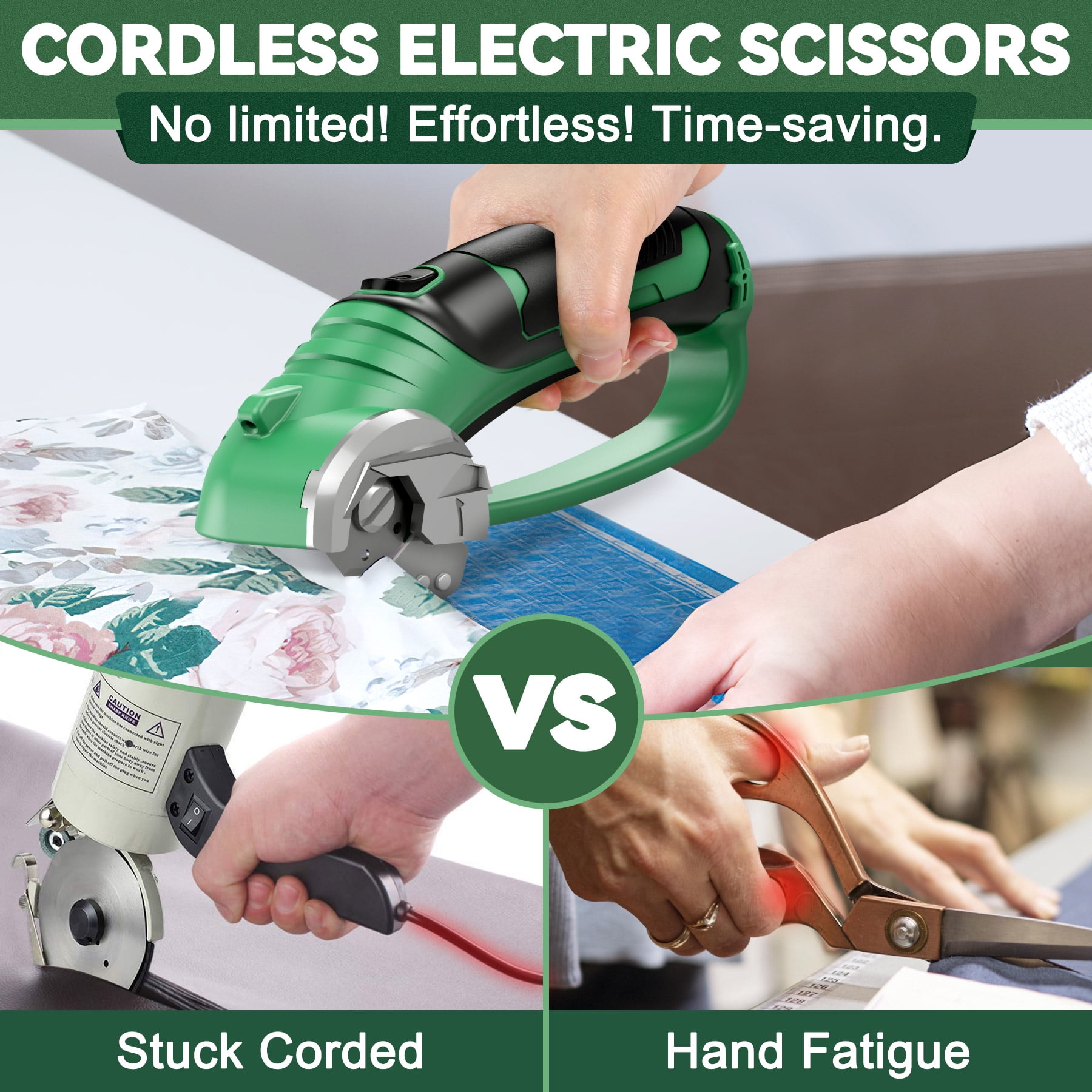 Jellas Cordless Electric Scissors, Rechargeable Power Cutter for Cardboard, Fabric, and Leather (Green, 8 in) 9x6ac
