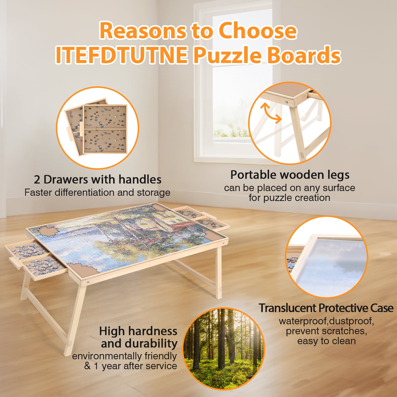 KALNUR Jigsaw Puzzle Board with Folding Legs and 2 Sliding Drawers (Natural Wood, 34 in x 26 in) 51zyj