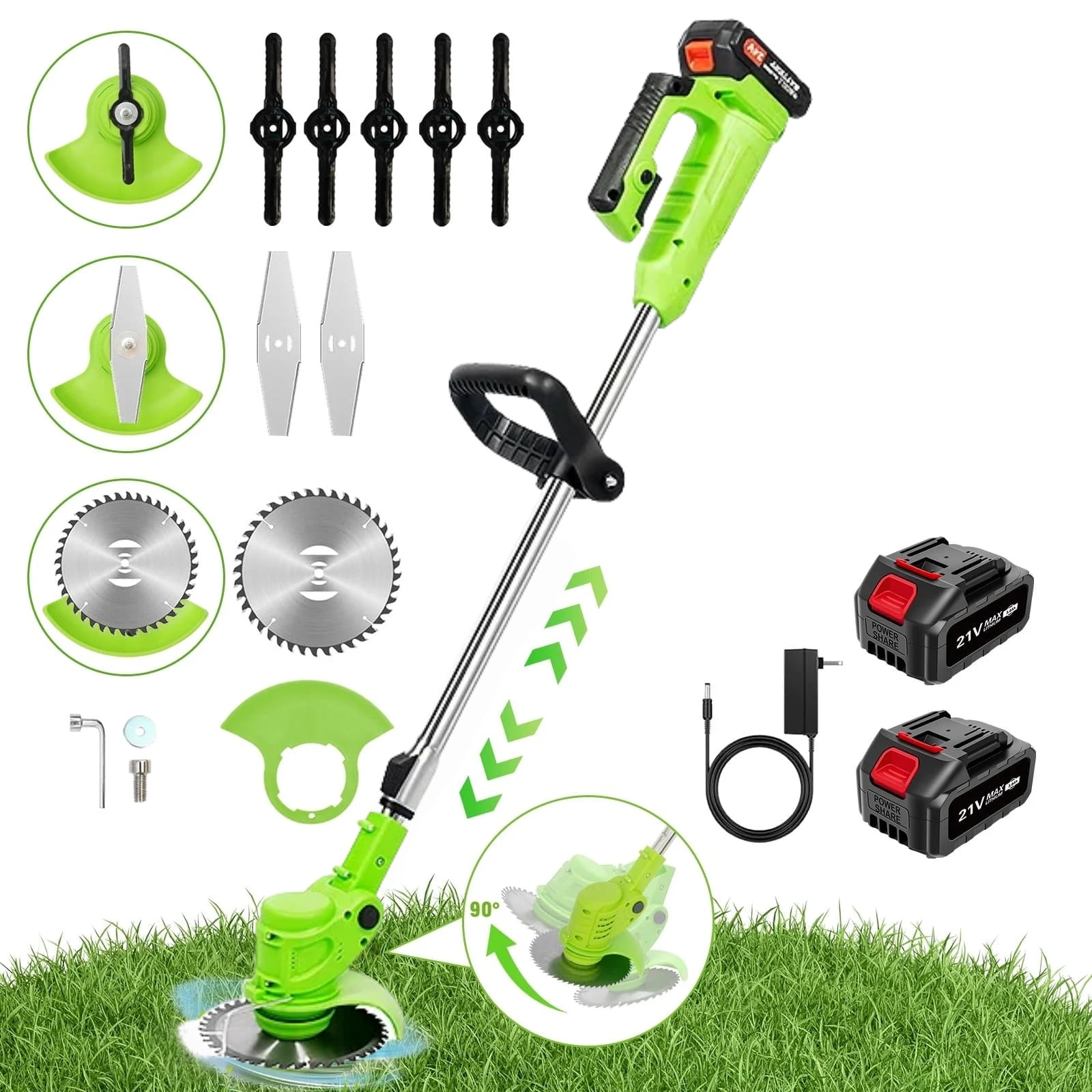 KingFurt Electric Cordless Grass String Trimmer and Lawn Edger with 2 Batteries (Adjustable Telescopic Rod) 6j2um