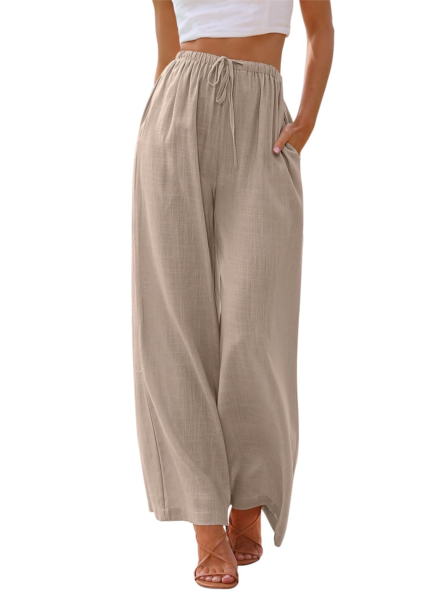 Temofon Women's Wide Leg Linen Pants Casual Summer Palazzo Trousers with Pockets and Drawstring (Beige, L) wuxc6