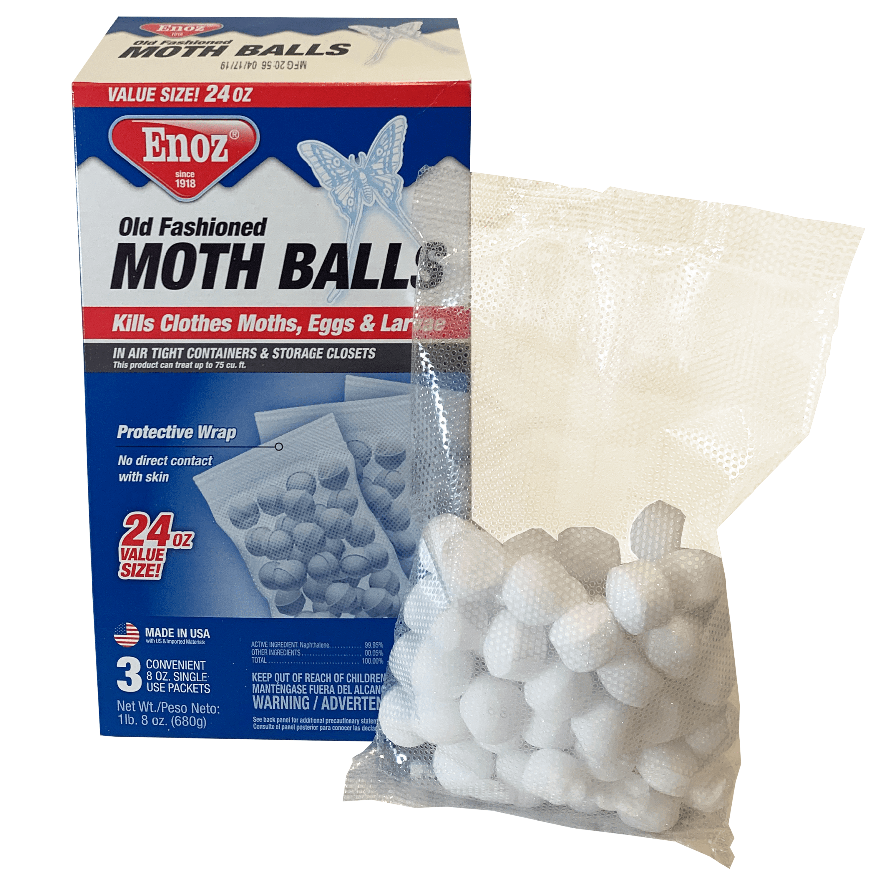 Enoz Old Fashioned Moth Balls, Naphthalene Clothes Moth Killer (3 Packets, 24 oz) 4ohot