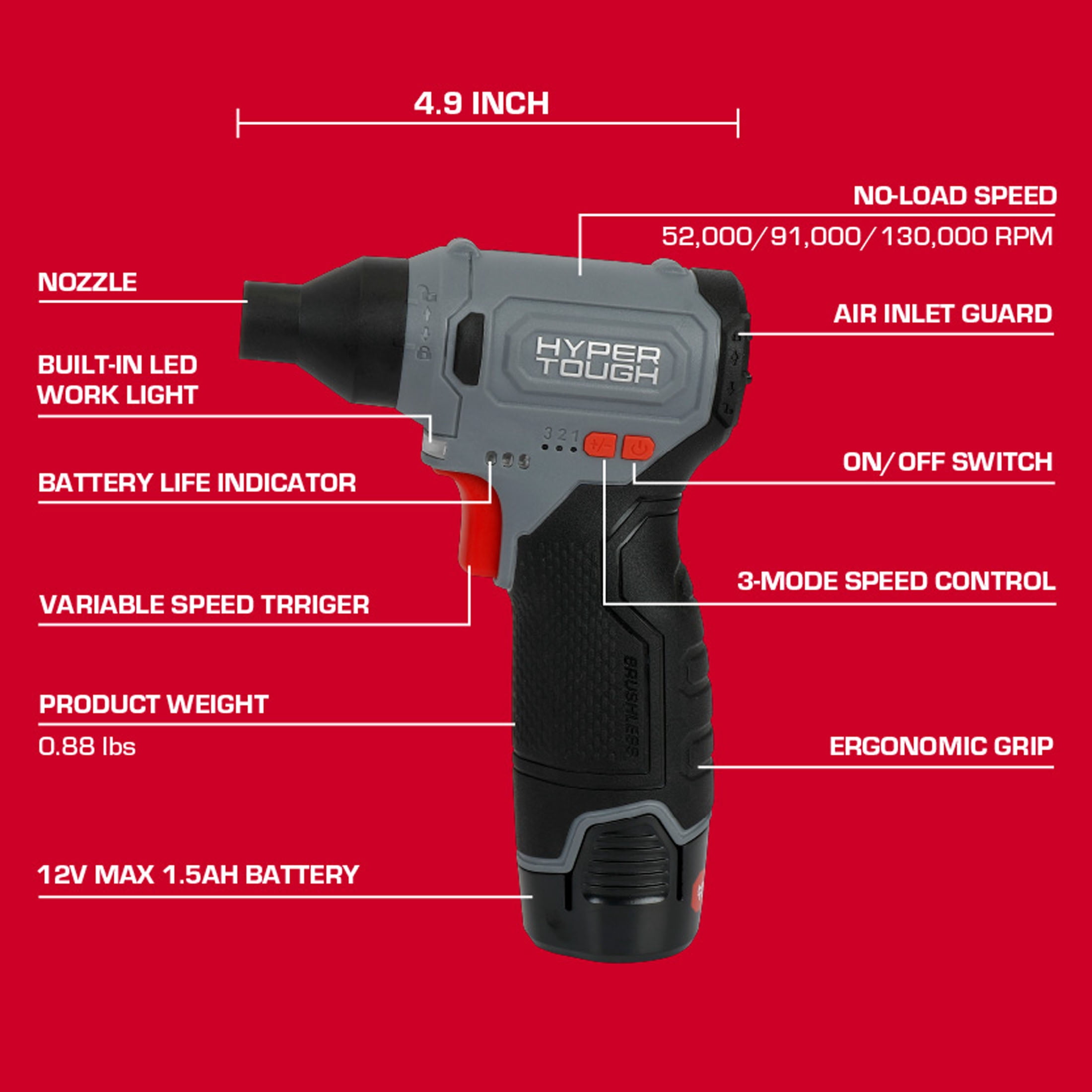 Hyper Tough 12V Cordless Leaf Blower with 180-MPH Airflow and 1.5Ah Lithium-Ion Battery (12V, 1.5Ah) sb54o