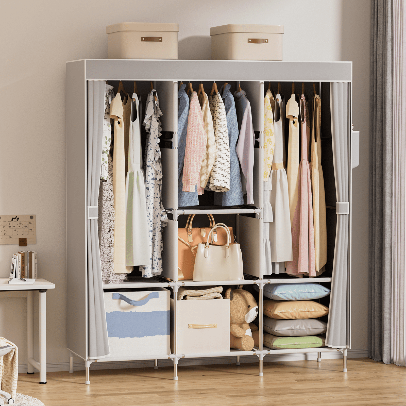 YOUPINS Portable Closet Organizer with 8-Shelf and Hanging Rods (Gray, 50.4 in x 17.7 in x 67 in) 6re5r