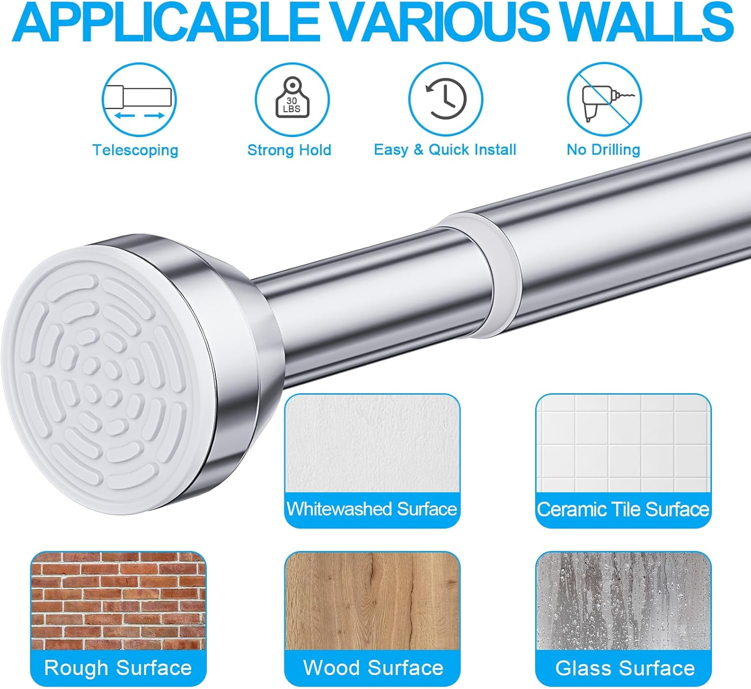 TITGIPE Adjustable Shower Curtain Rod, Stainless Steel Rust-Resistant Spring Tension Rod for Bathroom (Silver, 27-76 in) kb49g