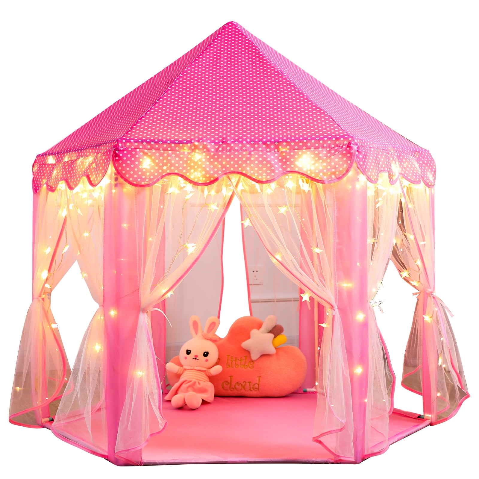 Wilwolfer Princess Castle Kids Indoor Play Tent, Hexagon Fabric Playhouse with Star Lights (Pink, Large) xa3zu