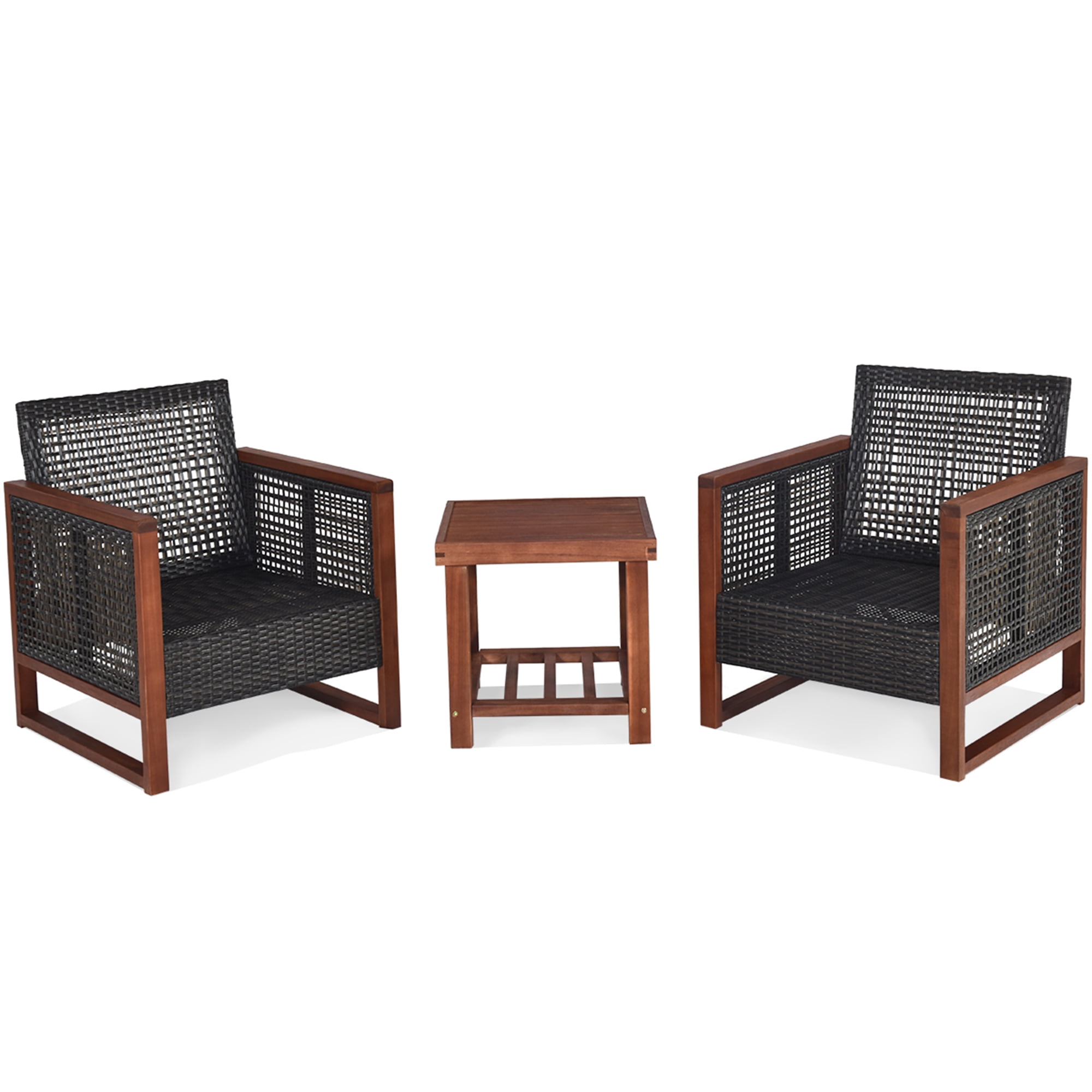 Gymax 3-Piece Rattan Wicker Patio Conversation Set with Navy Cushions (Acacia Wood Frame) 2o7cx