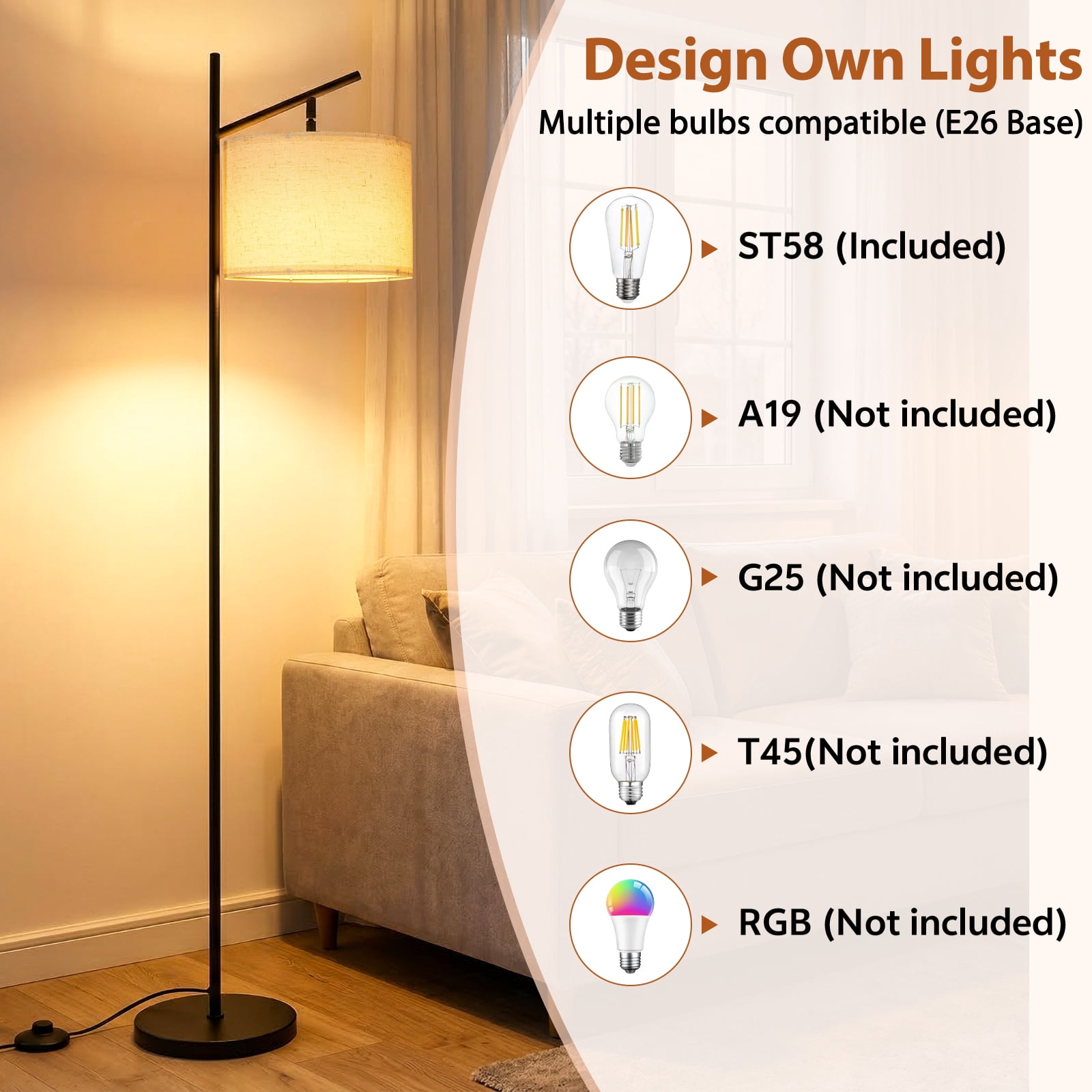 LZNIOZ Modern LED Floor Lamp with Remote Control, Dimmable Standing Light with Fabric Drum Shade (Black, 64 in) at4bc