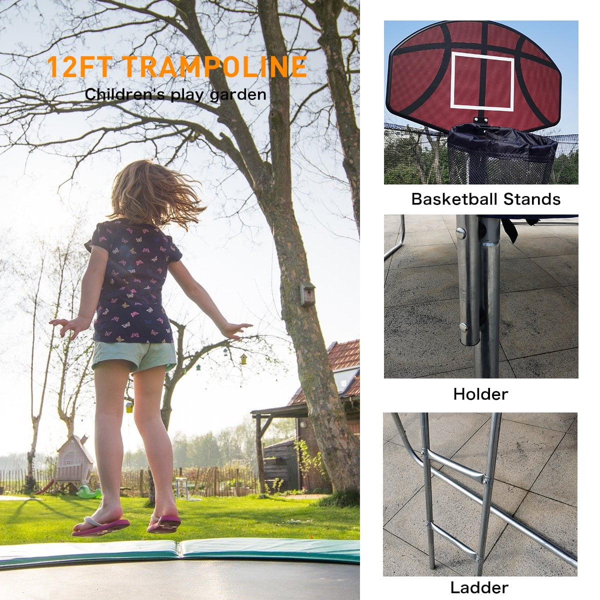 Segmart 12 ft Outdoor Trampoline with Basketball Hoop, Ladder, and Safety Enclosure Net (Blue, 12 ft) nx8ip
