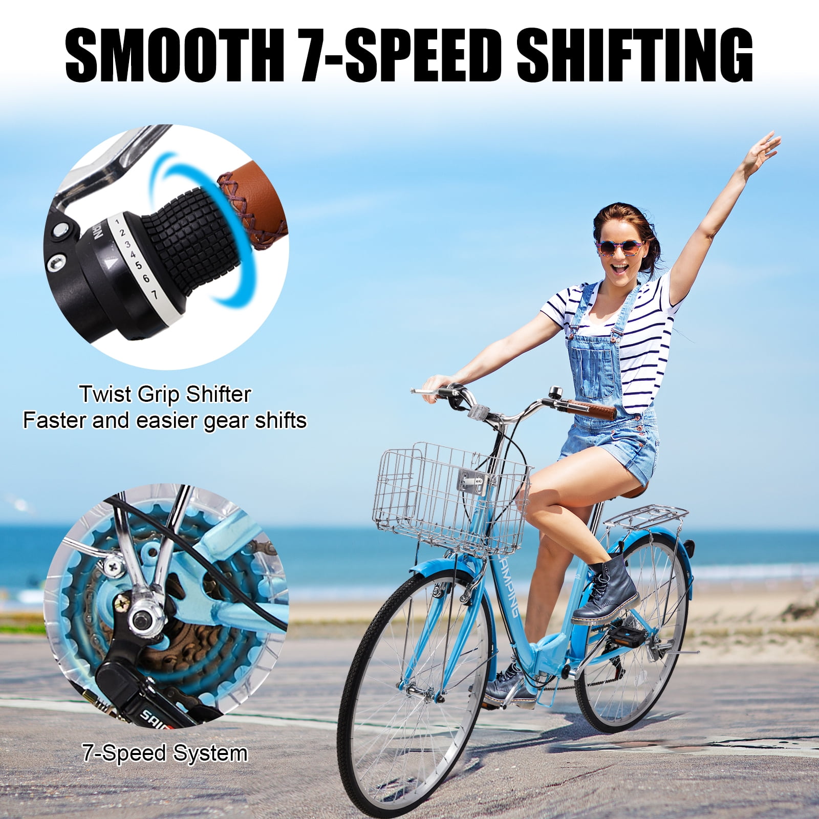 UBesGoo 26in 7-Speed Folding Beach Cruiser Bike, Adjustable Comfort Seat with Dual V-Brakes (Blue, 26 in) i4m4n
