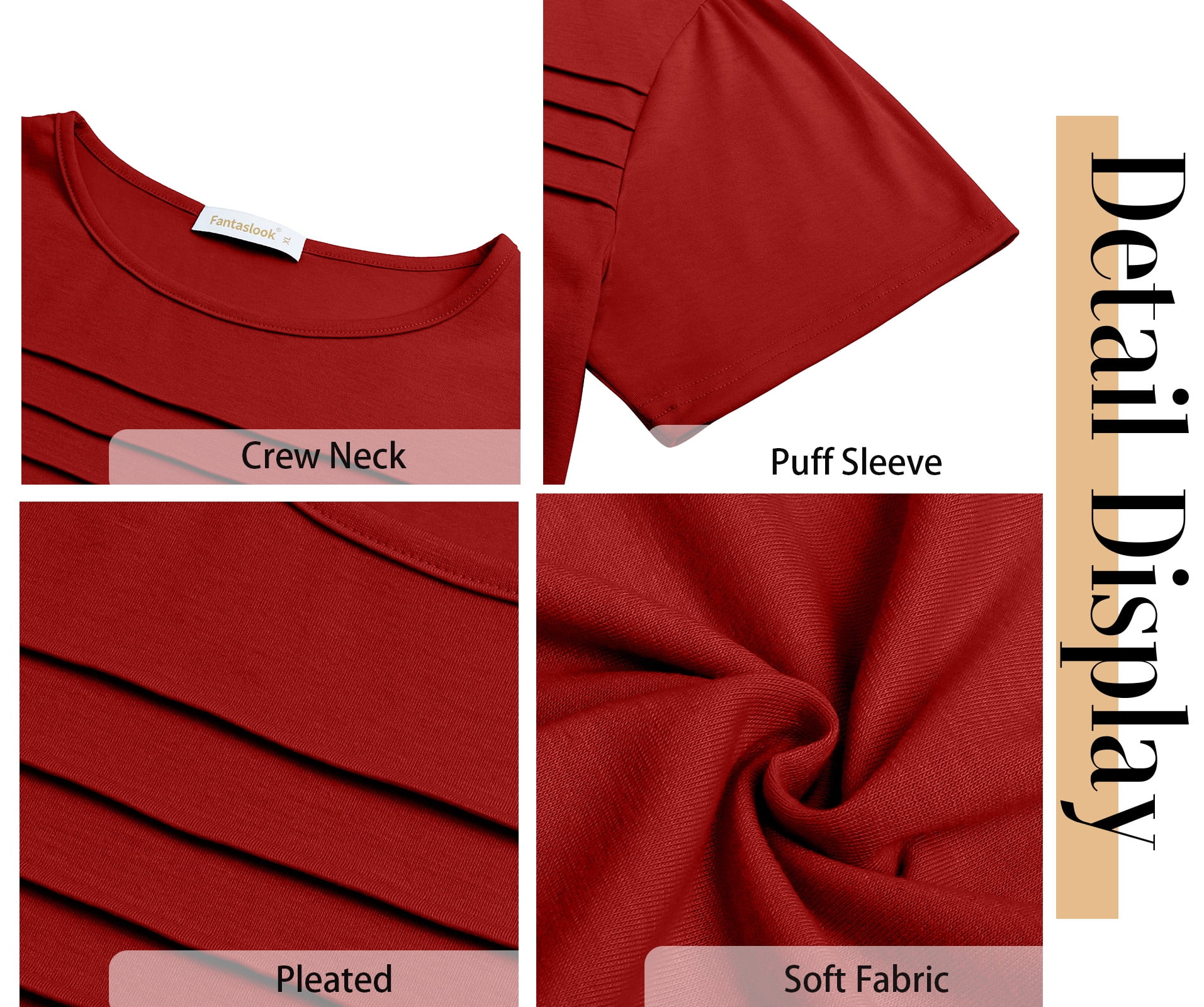 Fantaslook Women's Dressy Casual Tunic Top Short Sleeve Pleated Crew Neck Shirt (Red, L) dv9ty