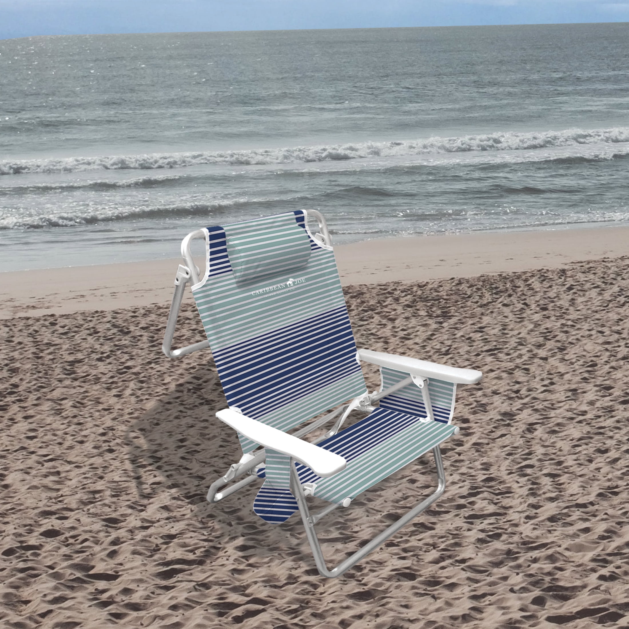 Caribbean Joe 5-Position Reclining Beach Chair with Storage and Headrest (Blue Teal Stripes, 250 lb Capacity) 2e1z9