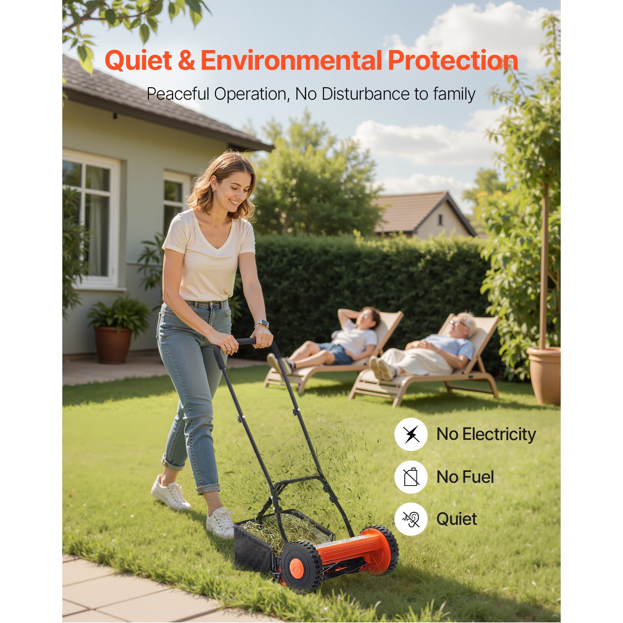 KFFKFF Manual Push Reel Lawn Mower, 5-Blade Cutting System, Adjustable Height, Includes Grass Collection Bag (16 in) eooyu
