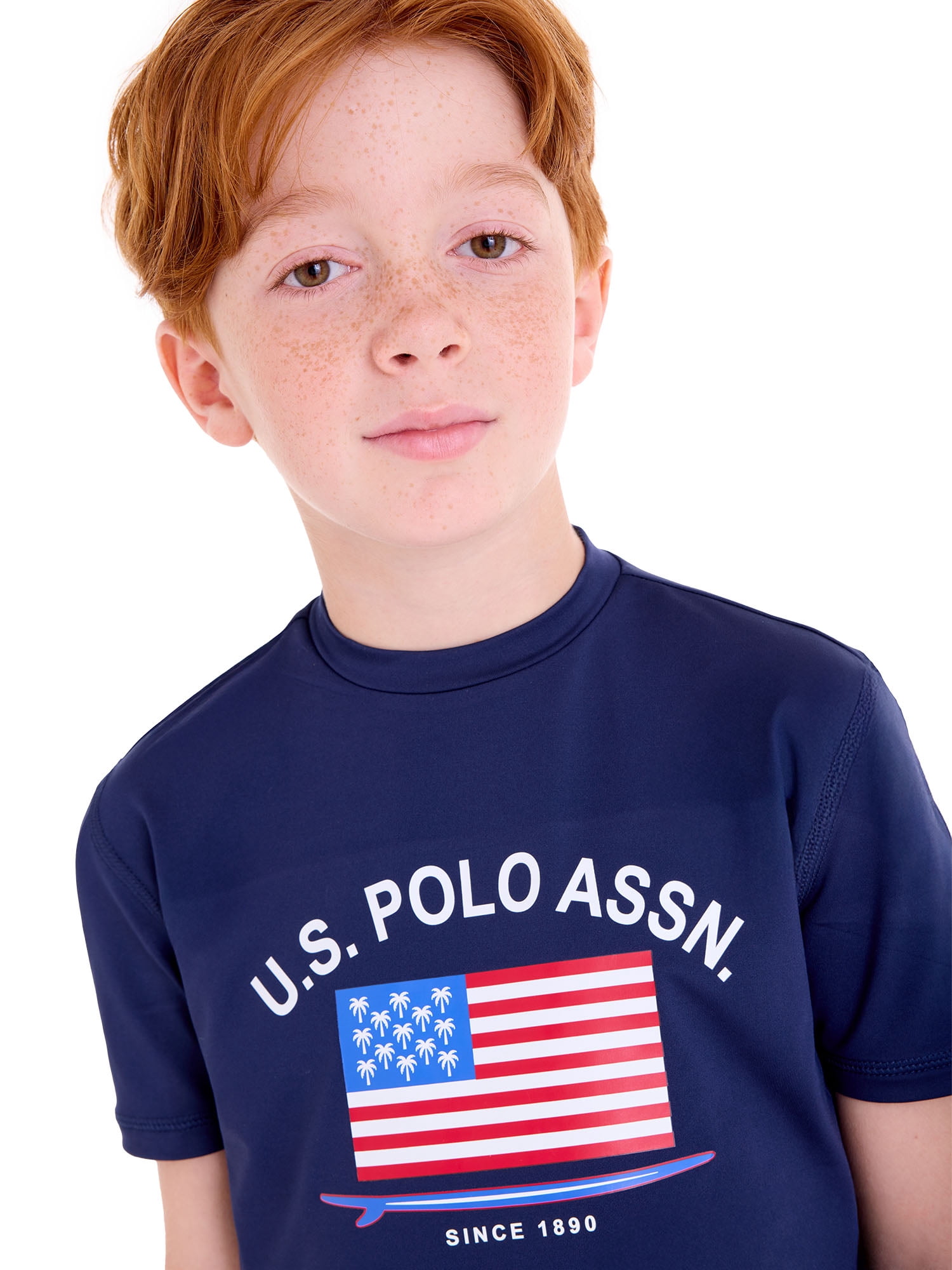 U.S. Polo Assn. Boys Short Sleeve Flag Print Rash Guard (Blue, Size 4-18) a2nfp