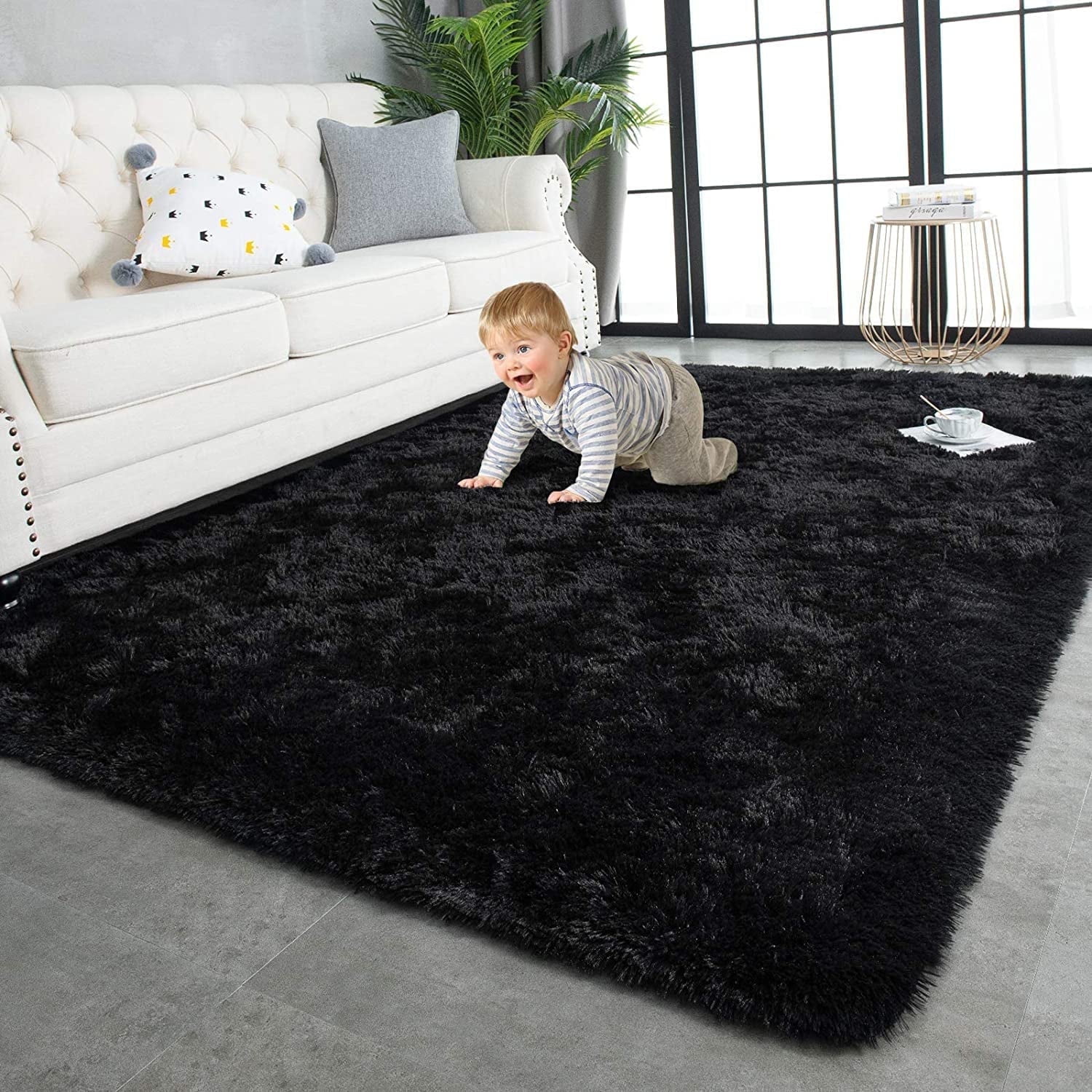 TWINNIS Shag Area Rug, Soft Fluffy Carpet for Living Room and Bedroom (Black, 5 ft x 8 ft) qdesq