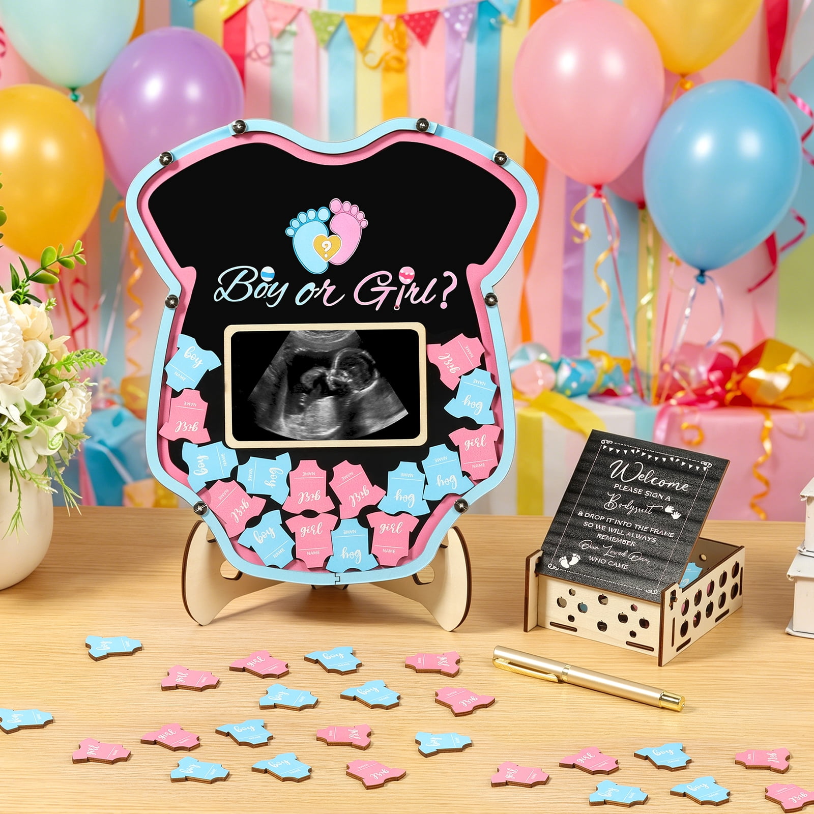 Adifare Baby Gender Reveal Voting Board Set with Stand and 60 Wooden Chips (Blue, 11.61 in x 10.43 in) rabwm
