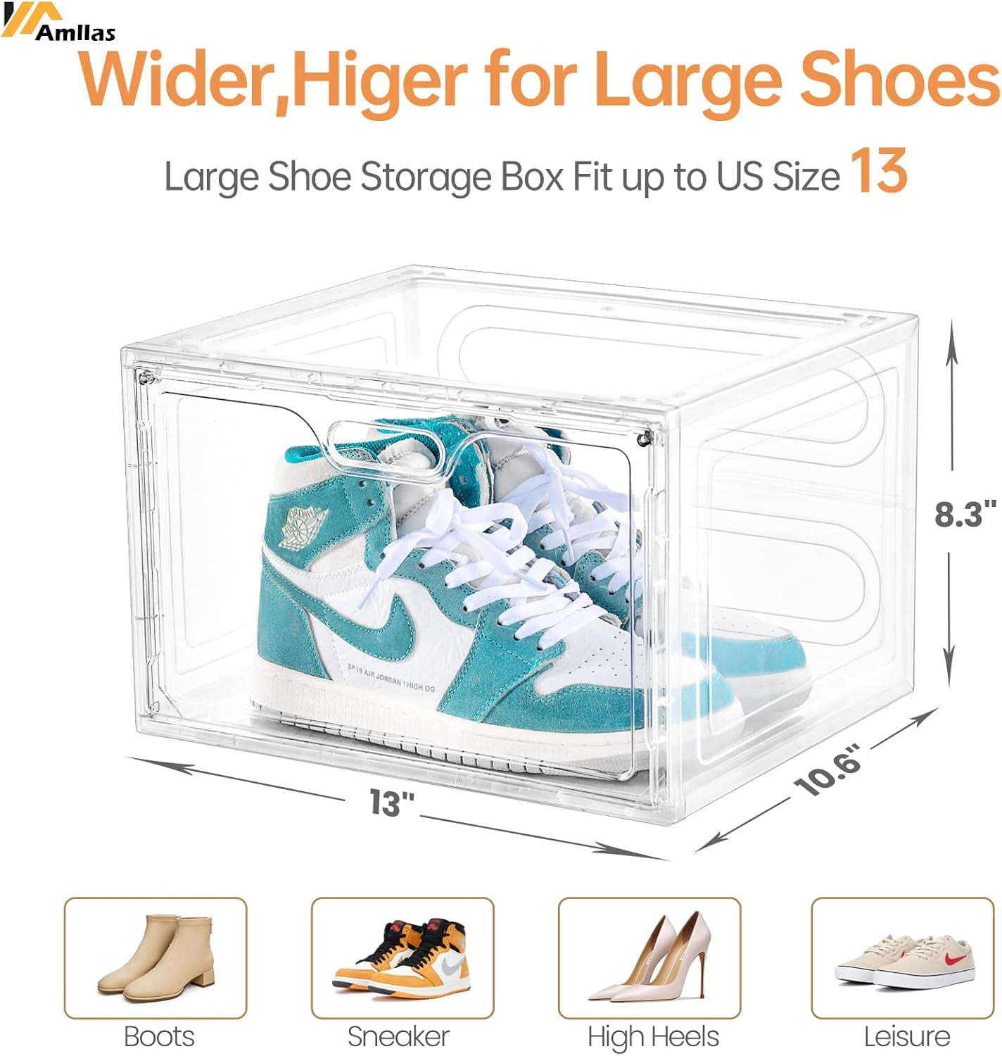 Generic Shoe Storage Organizer Clear Plastic Stackable Containers with Magnetic Lids (8 Pack, 13.4 in x 10.6 in x 8.3 in) 3ebjf