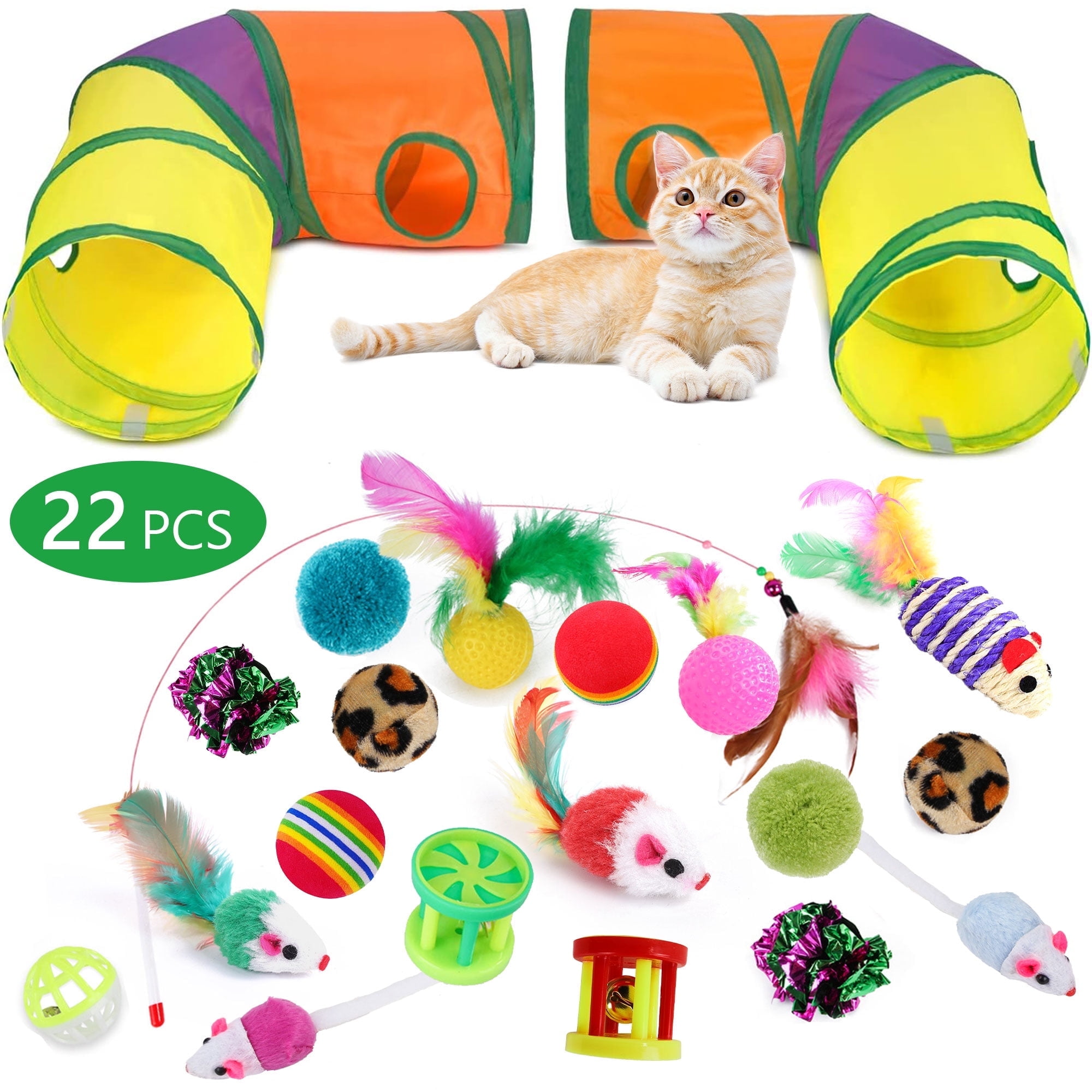 Semfri Interactive Cat Toy Set with L-Shaped Tunnel and Plush Accessories (22-Piece Set) a801x