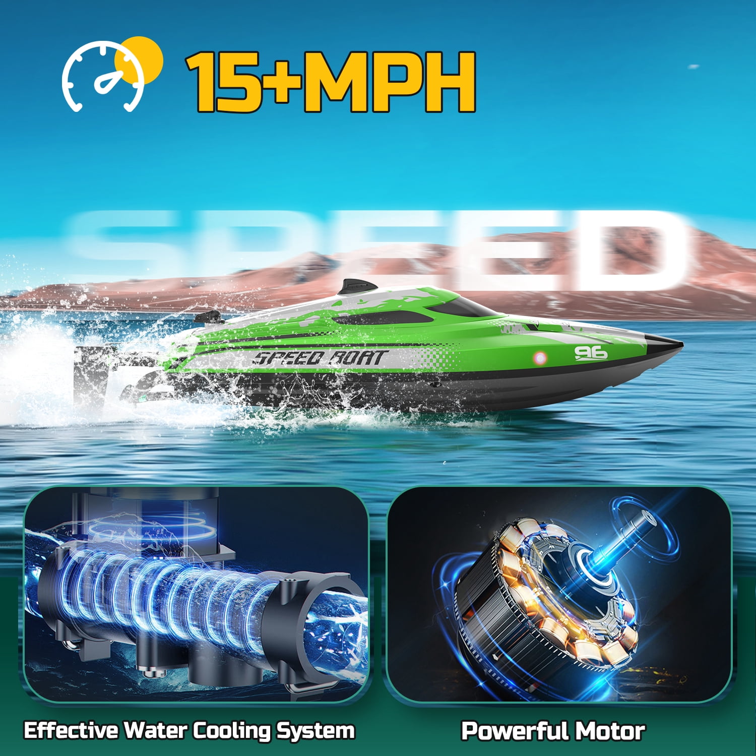 JoyStone High-Speed Remote Control Racing Boat with LED Lights (Green, 12 in) lzwsc