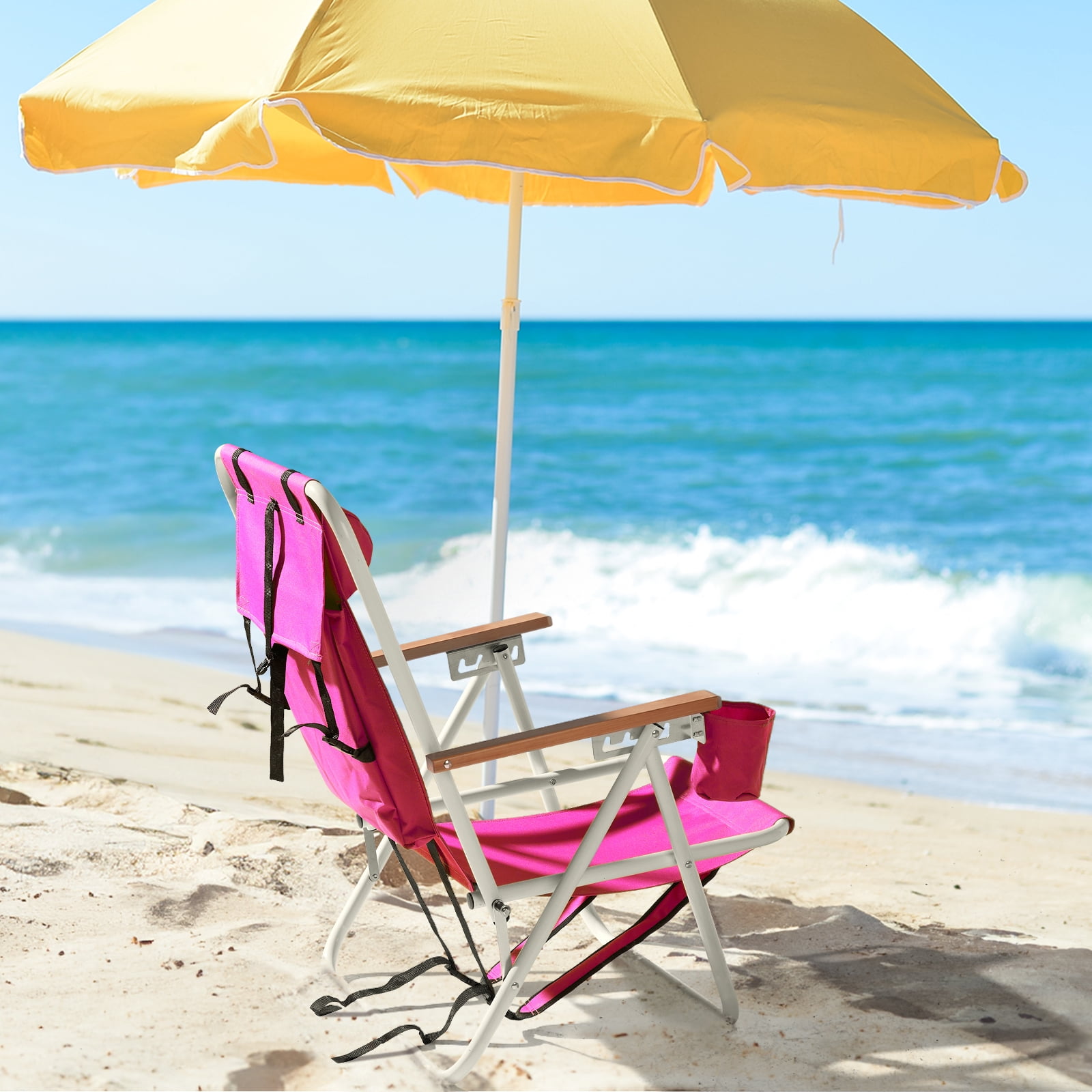 SUREGO Folding Beach Chair with Adjustable Headrest and 4-Position Recline (Pink, 1 Pack) z3lid