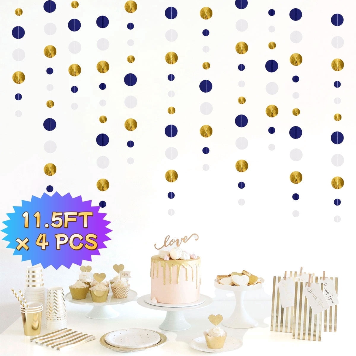 Kabuer Blue and Gold Circle Dots Garland Hanging Paper Streamer for Party Decor (46 ft) 6hspb