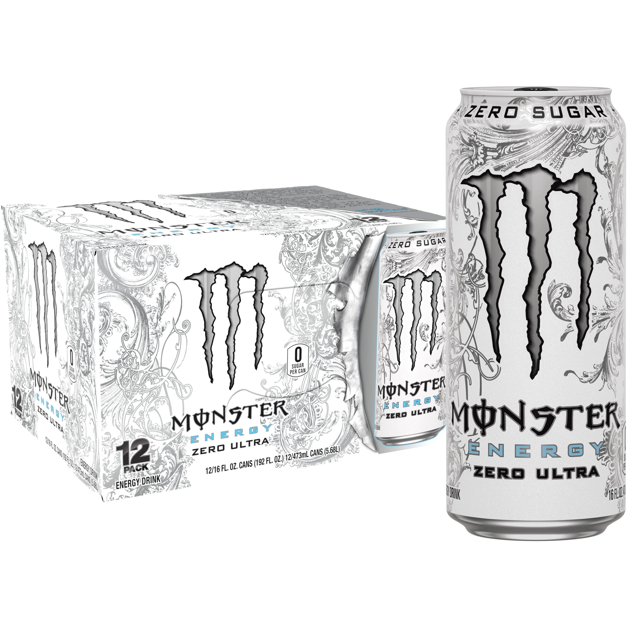 Monster Energy Zero Ultra Sugar Free Energy Drink (White, 12 Pack - 16 fl oz) 0ytac