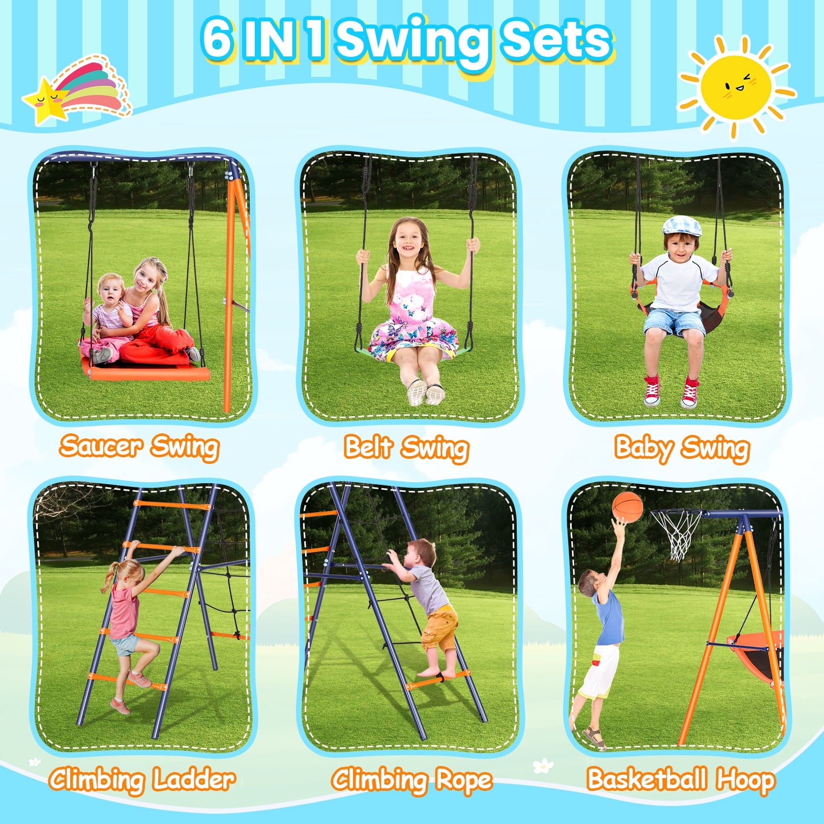 Veeboto 6-in-1 Outdoor Swing Set, Heavy-Duty Metal Backyard Playground with Climbing Ladder and Basketball Hoop (Orange, 700 lb Capacity) fn8wc
