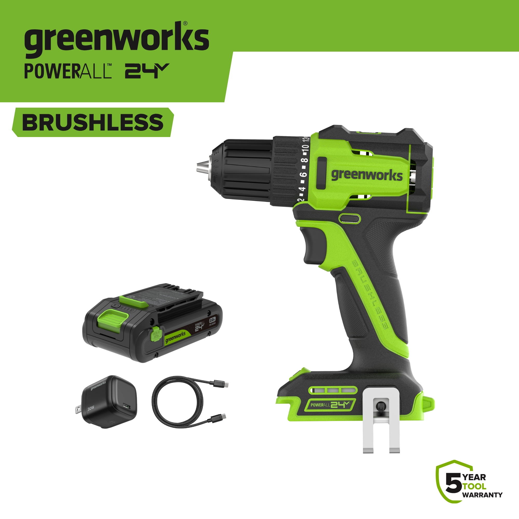 Greenworks 24V Brushless 3/8 in Drill Driver with USB-C Battery (Black, 1 Tool) o0noe