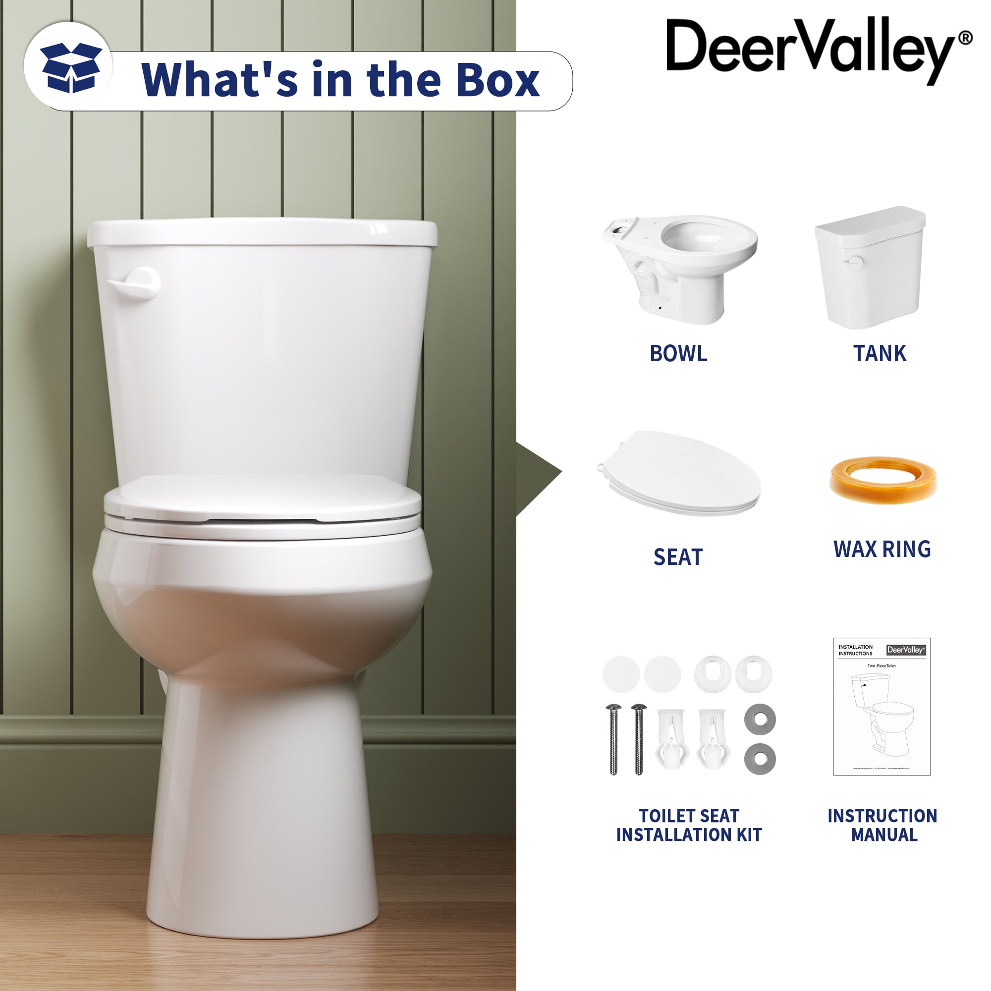 DeerValley 2-Piece Elongated Chair Height Toilet with Soft Close Seat (White, 1.28 GPF) 7mrc5