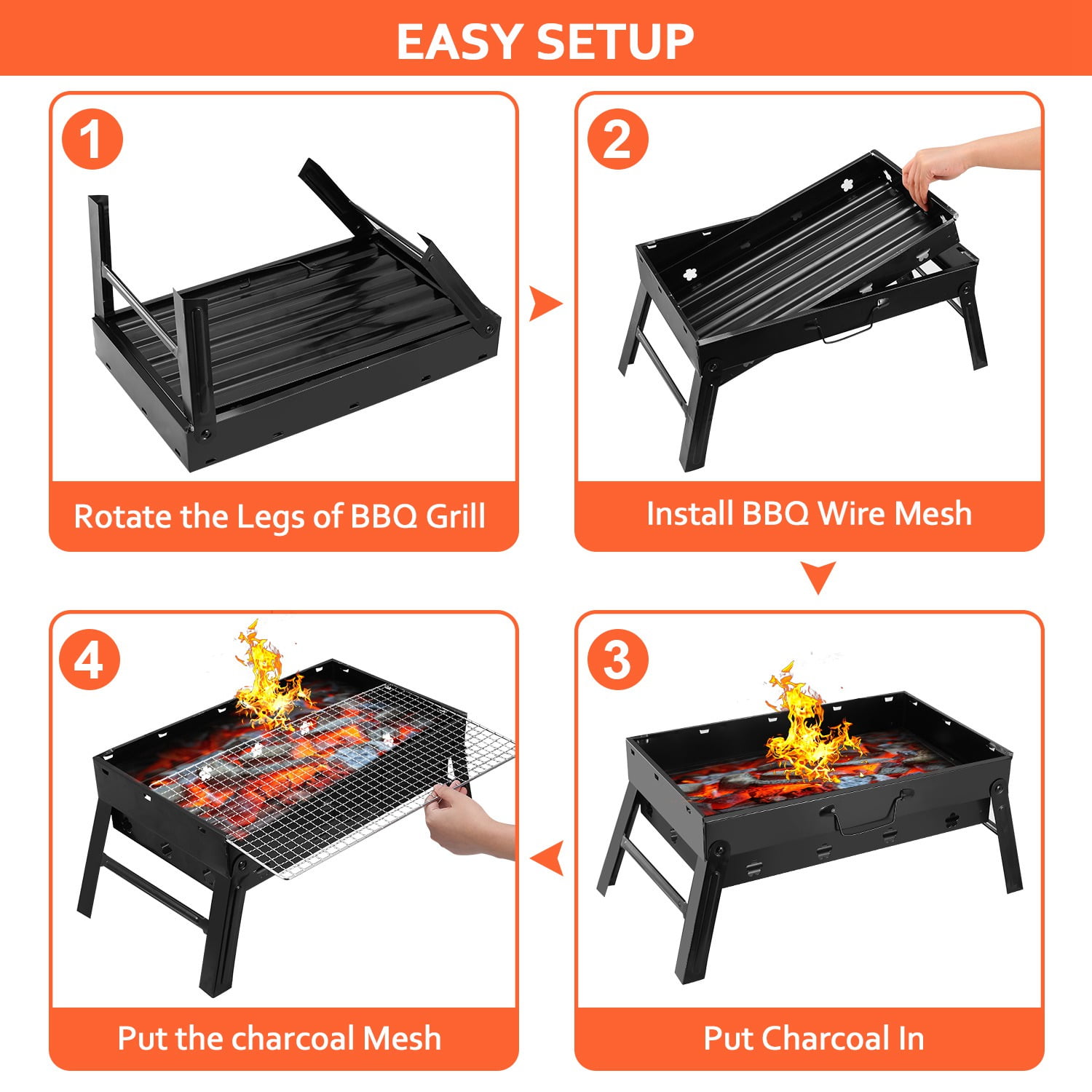 Xilee Portable Charcoal Grill, Folding Stainless Steel Tabletop BBQ for Camping and Picnics (Black, 17 in x 12.2 in x 3.4 in) nrgf8