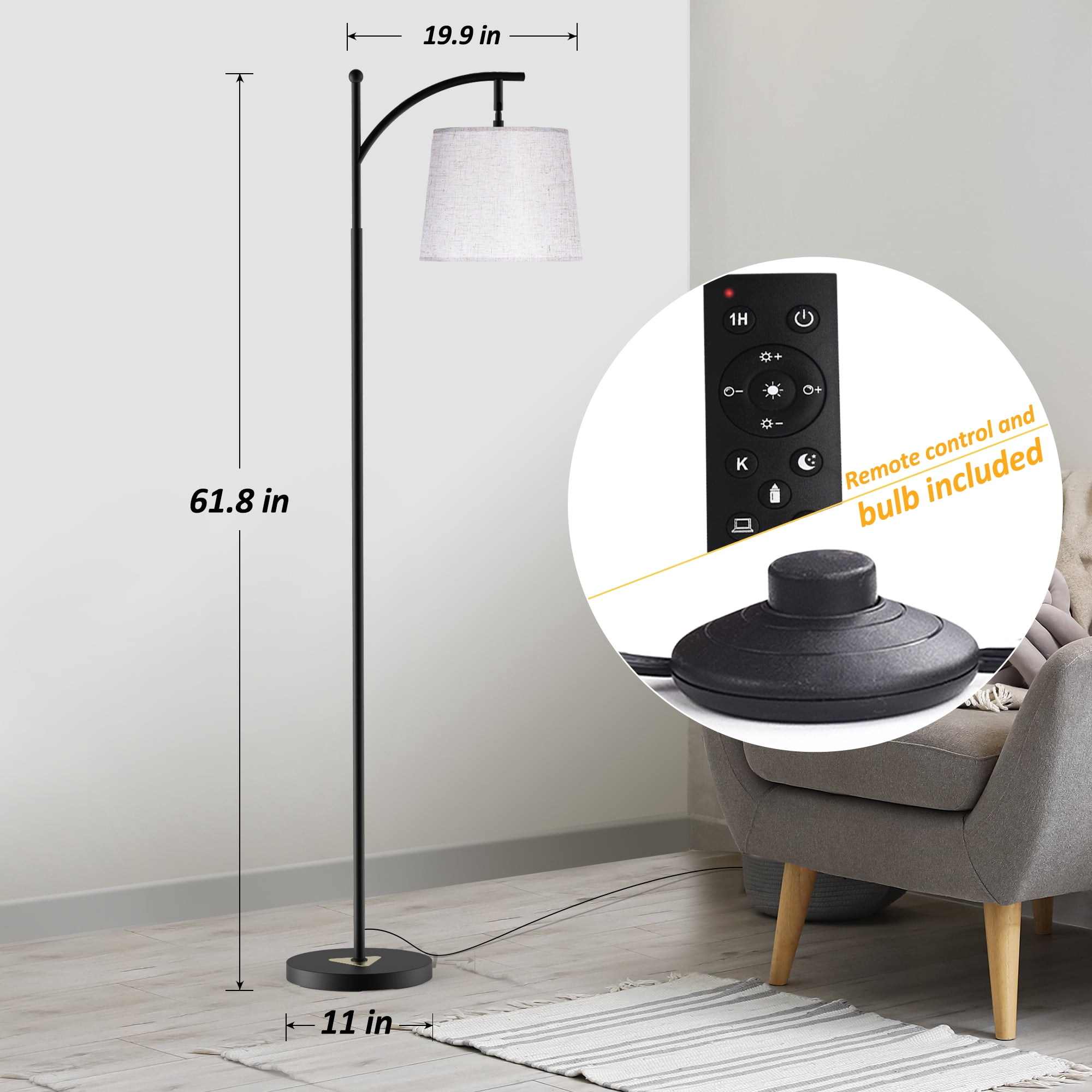 Jurulu Arc Floor Lamp, Modern Standing Lamp with Remote Control and Stepless Dimmable LED (Black, 9W) zoxhb