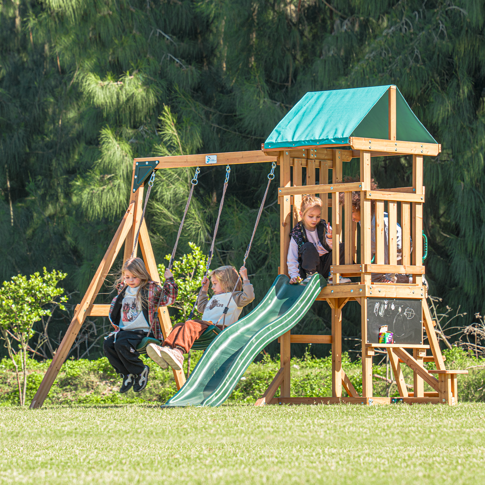 DOLPHIN PLAYGROUND Wooden Outdoor Playset with Dual Swings, Slide, and Playhouse (Natural Wood, 7-Child Capacity) 51qa3