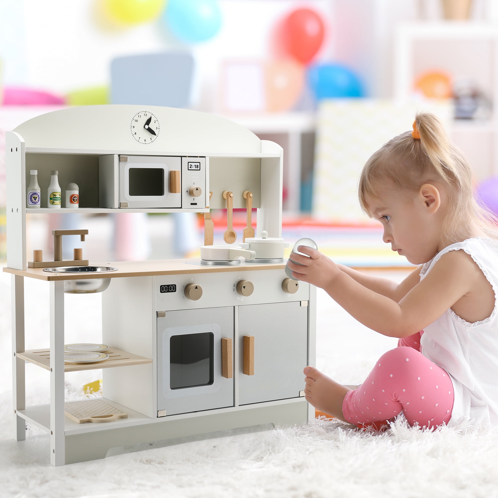 Bruce & Shark Kids Wooden Pretend Play Kitchen Set with Microwave, Sink, and Cookware Accessories (White, 28.35 x 26.77 x 10.24 in) zopix