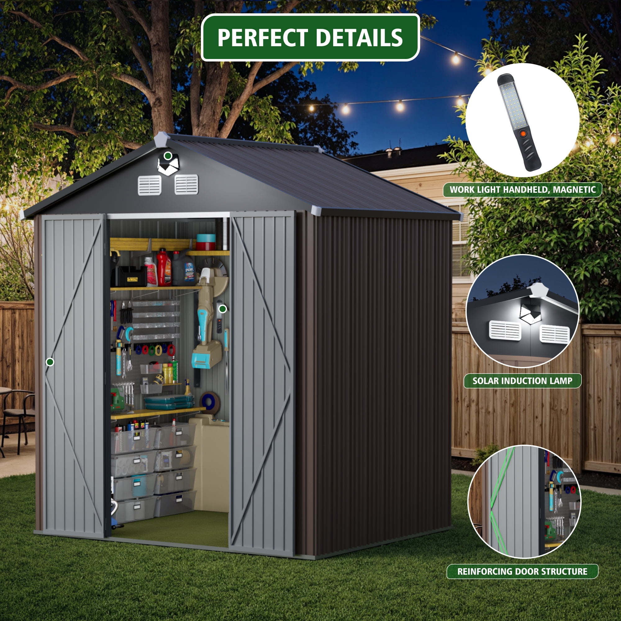 Licheers Outdoor Metal Tool Storage Shed with LED Light and Air Vents (Brown, 8 ft. W x 6 ft. D) 5yoq4