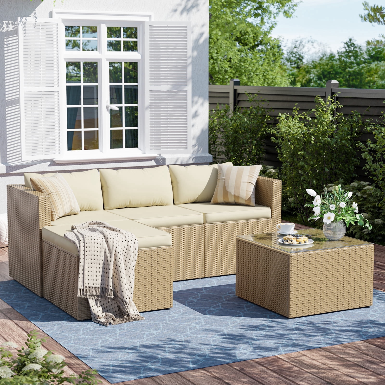 ELPOSUN 5-Piece Outdoor Patio Furniture Conversation Set, All-Weather Wicker Sectional Sofa with Coffee Table and Cushions (Beige, 5-Piece Set) clote