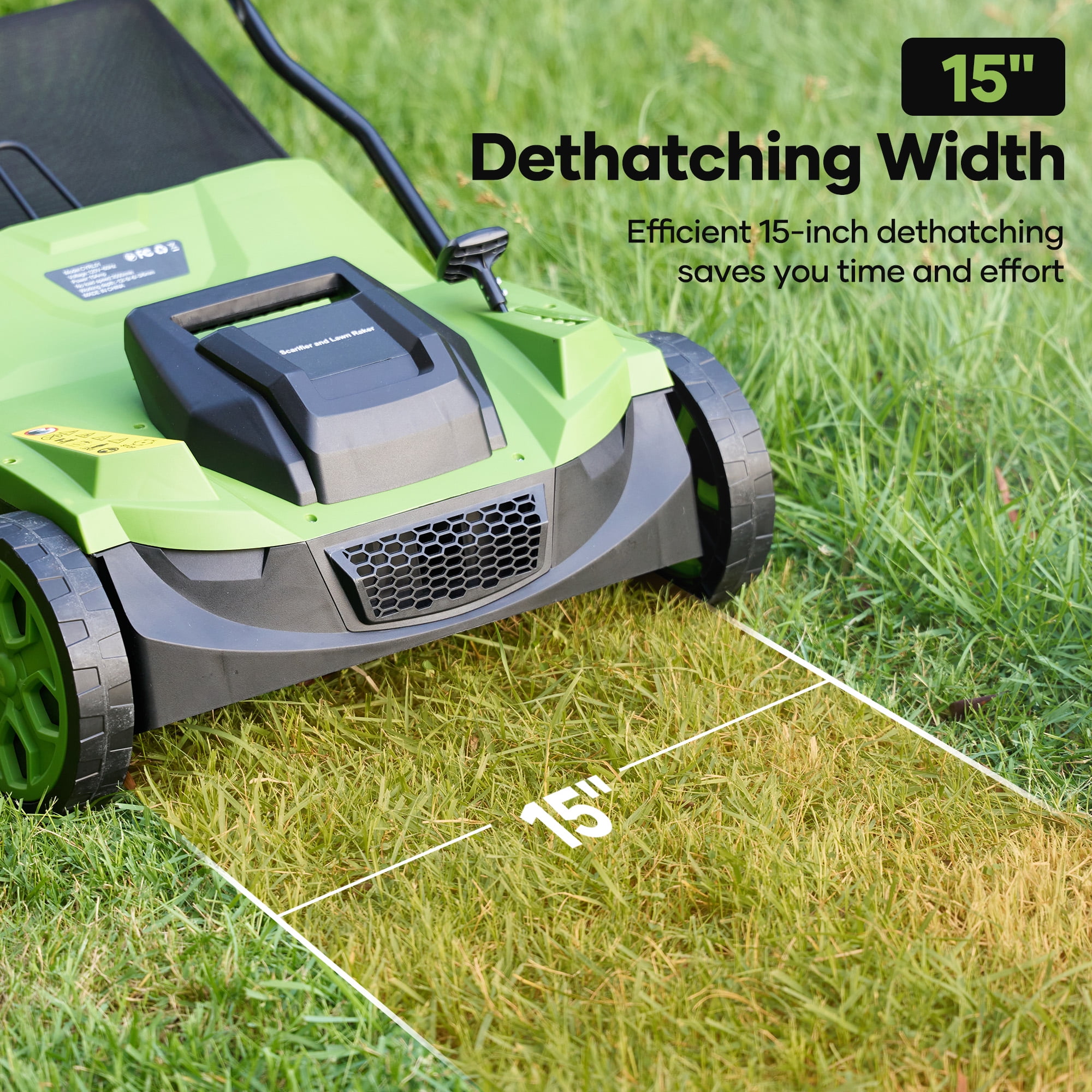GASKY 15-inch Electric Dethatcher and Scarifier, 15A Lawn Care Tool with 5-Position Depth Adjustment (Green, 15 in) s3l4f