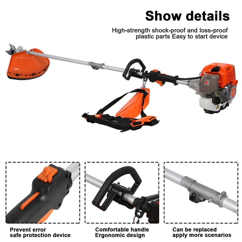 Jraner 5-in-1 Gas Powered Multi-Tool System with Brush Cutter, Hedge Trimmer, and Pole Chainsaw (Orange, 52cc) 4jli0