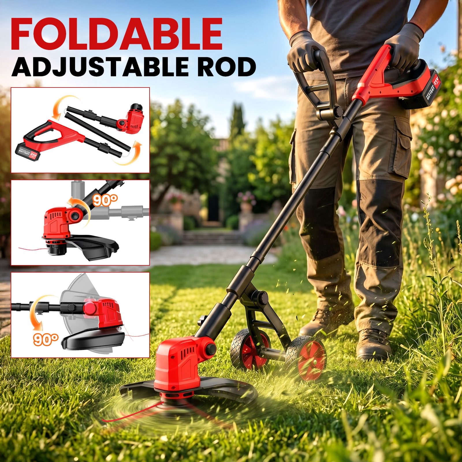 Tanbaby Cordless Weed Eater, Brushless Motor Grass Trimmer with 12-inch Cutting Path, 2 x 3.0Ah Batteries (Red, 12 in) acmsi