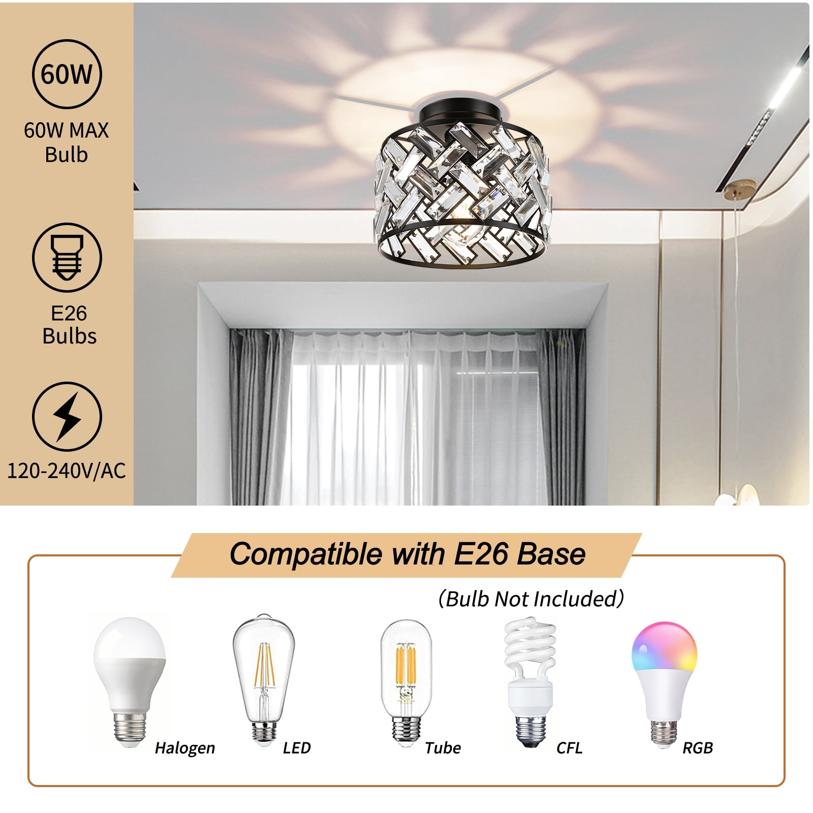 FRIDEKO HOME Modern Crystal Semi Flush Mount Ceiling Light, Black Metal Drum Fixture for Hallway and Bathroom (8.86 in) 1f0g1
