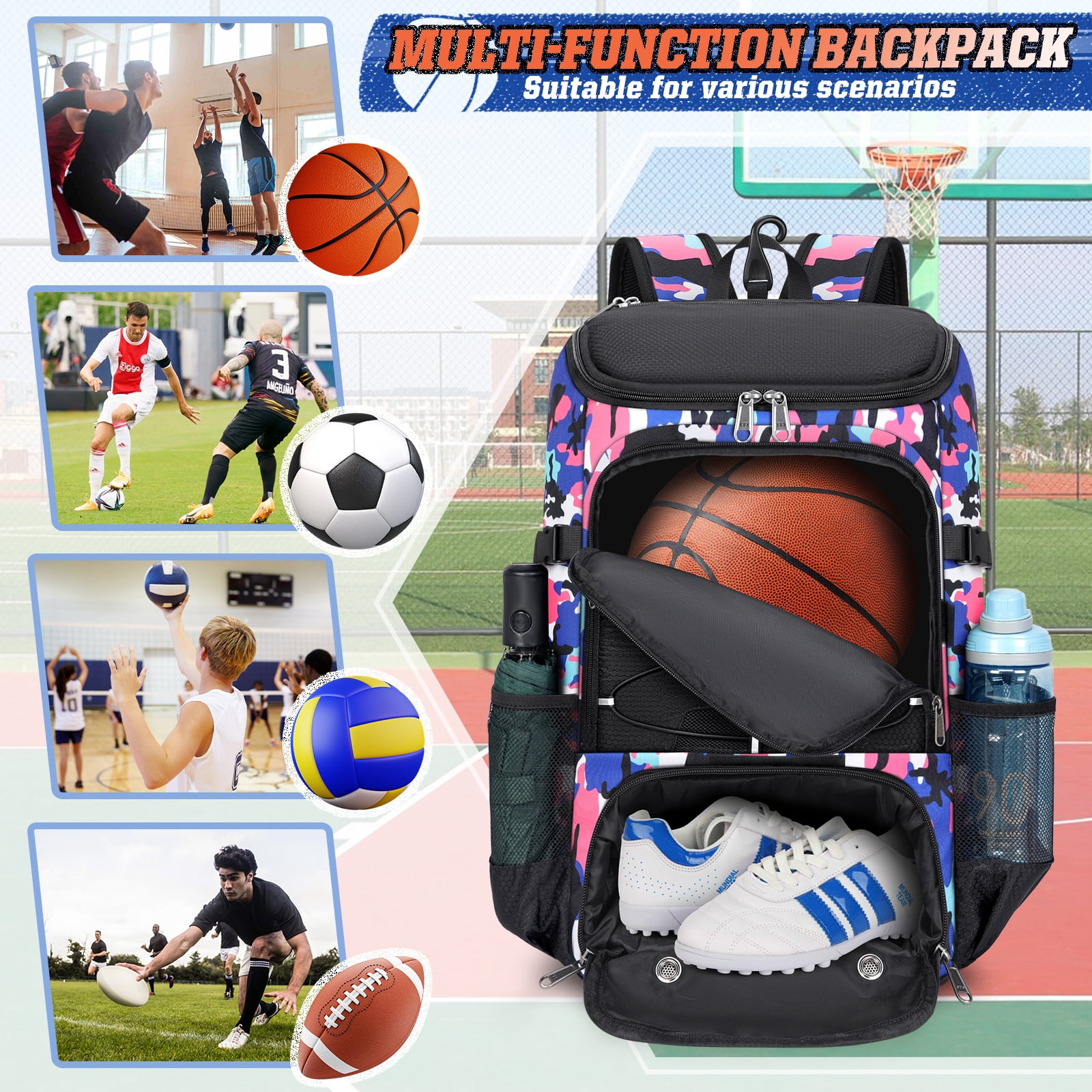 Rainsmore Basketball Backpack with Separate Ball Holder and Shoe Compartment (Pink, 14.2 in x 9.8 in x 20.9 in) 247oo