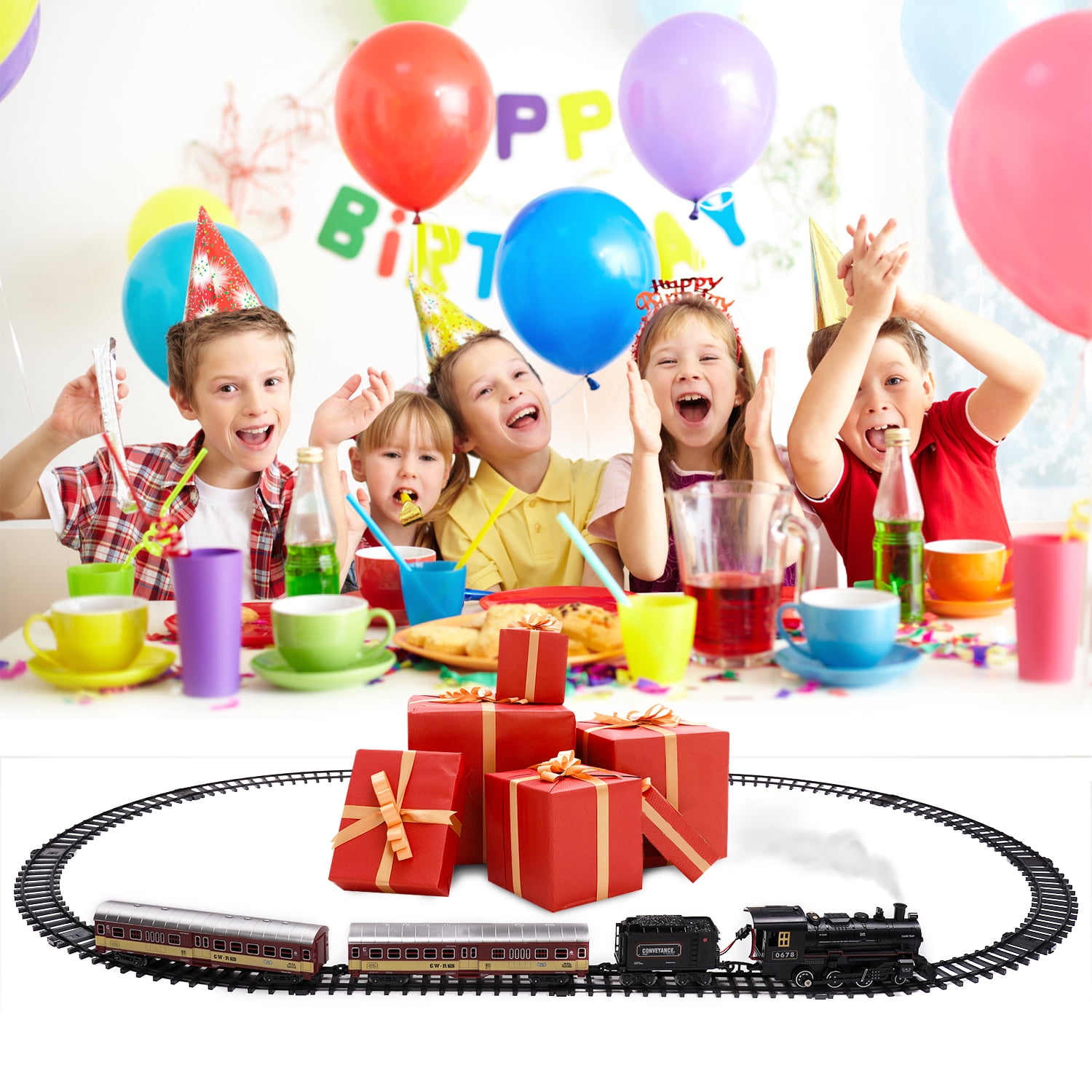 AUOSHI Electric Train Set with Remote Control, Steam Locomotive Engine with Lights, Sounds, and Smoke (71 in x 31 in) icsl7