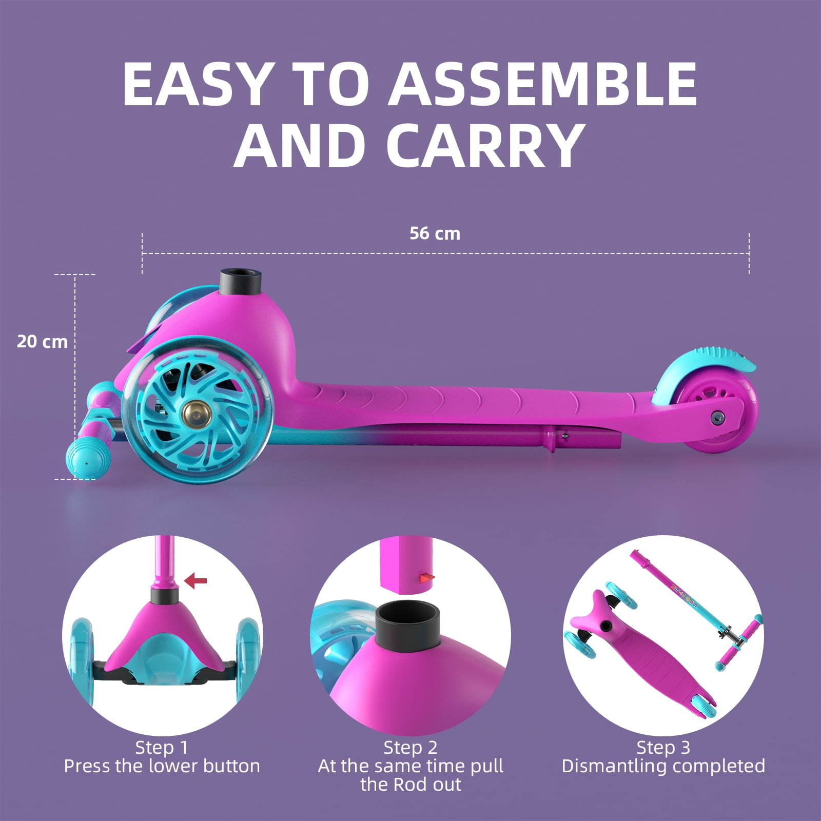 KORIMEFA 3-Wheel Kids Kick Scooter with Light-Up Wheels and Adjustable Handlebar (Pink, 110 lb Capacity) avdw0