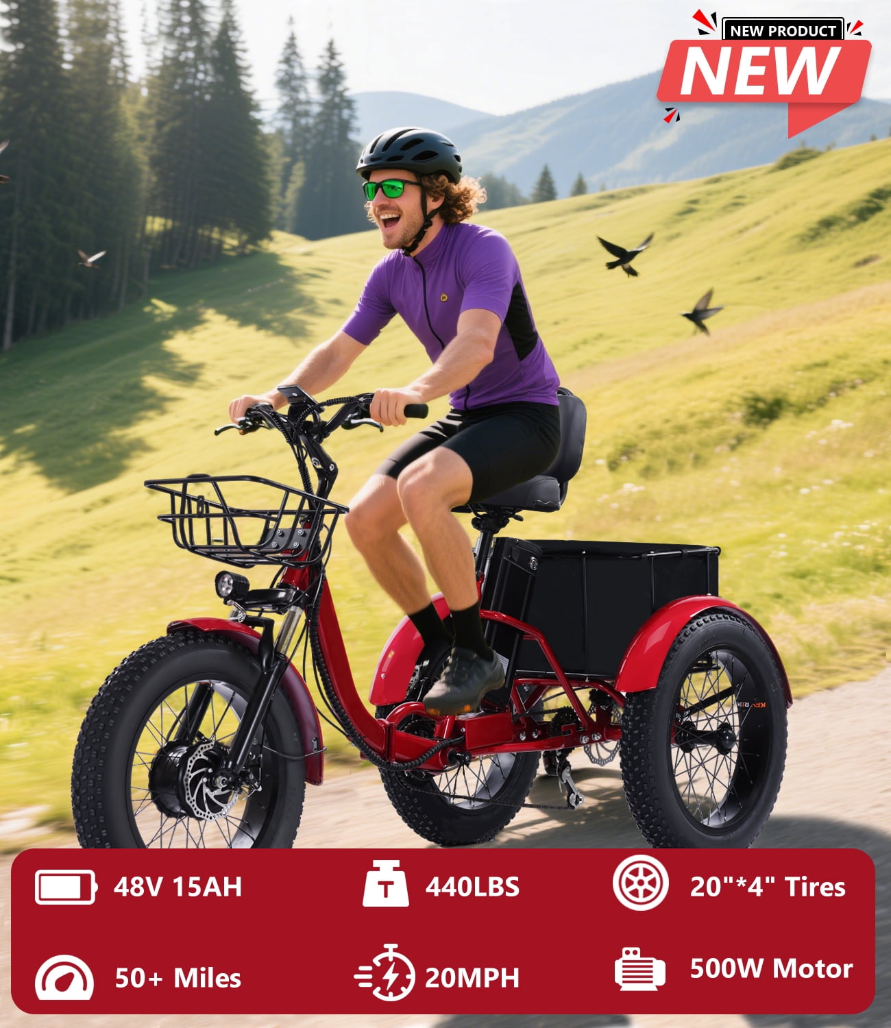 EASINGO Electric Tricycle for Adults 500W Motor 7-Speed Fat Tire E-Trike with Rear Basket (Red, 330 lb Capacity) w42tx