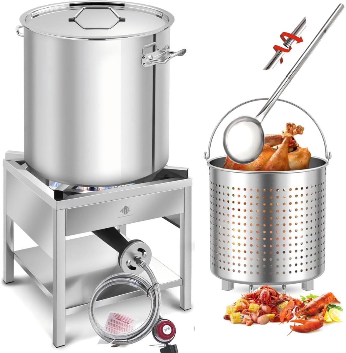 ARC USA 64QT Stainless Steel Seafood Boil Pot and 200,000BTU Propane Burner Set (Silver, 64QT) metw4