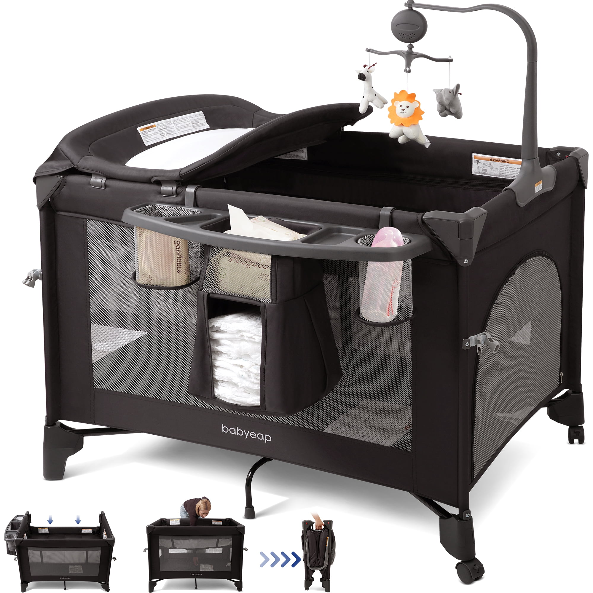 Babyeap 4-in-1 Portable Baby Bassinet and Playard with Changing Table (Black, 30 lb Capacity) npfzr