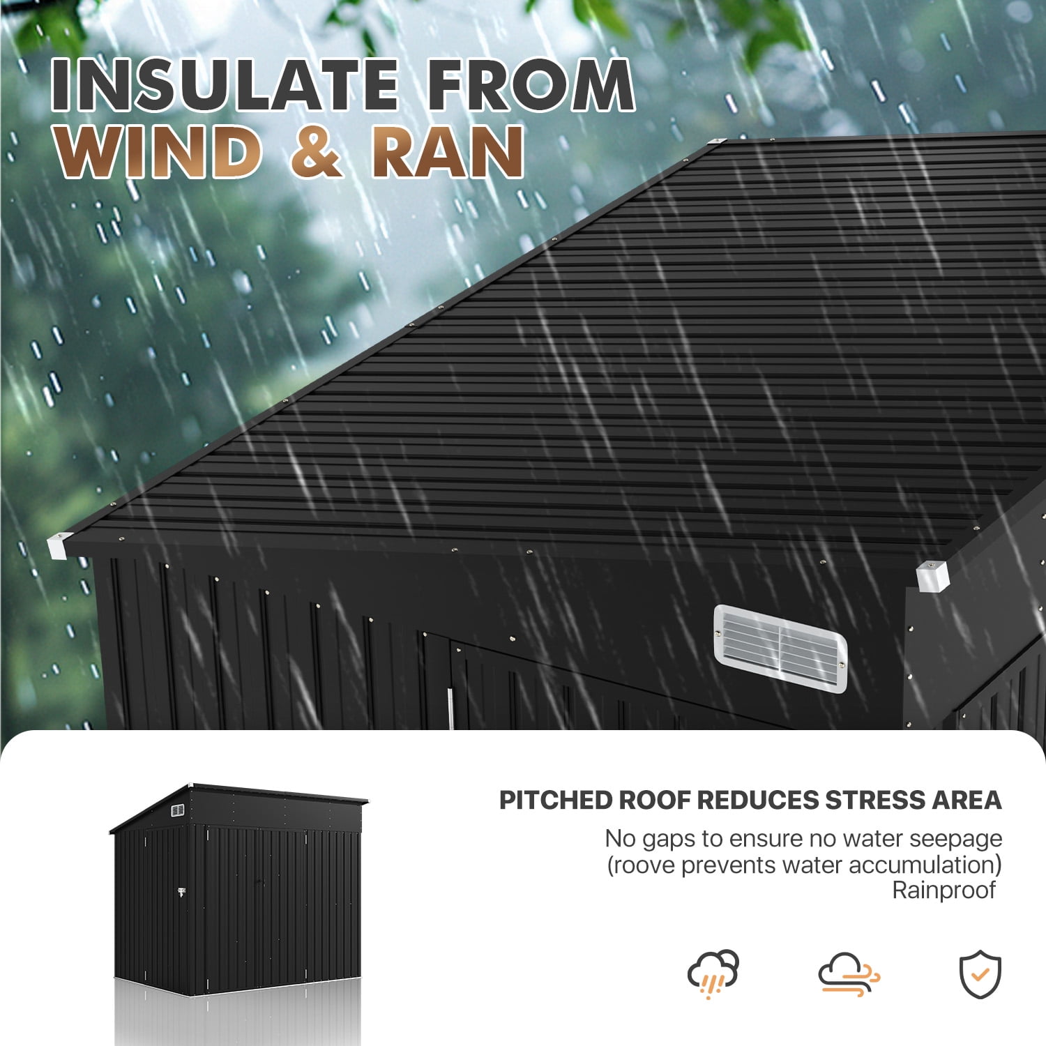 BaPiPro Metal Storage Shed, Outdoor Garden Tool Organizer with Triple Lockable Doors and Vents (Black, 8 ft x 4 ft) 89c66