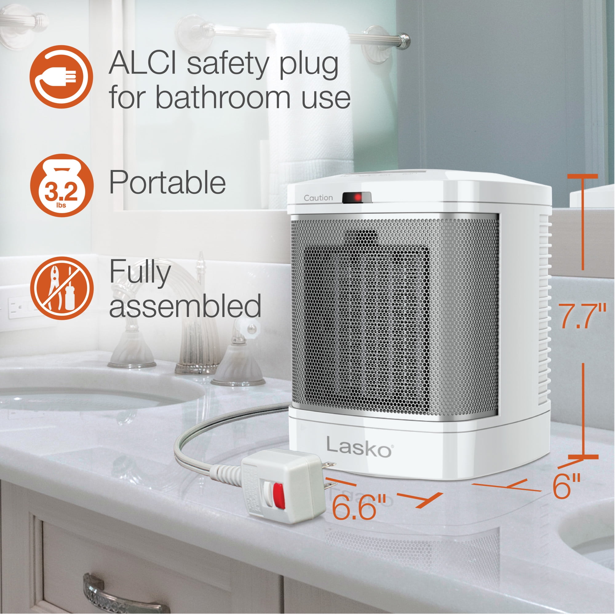 Lasko 8 in 1500W Electric Bathroom Space Heater with ALCI Safety Plug and Timer (White) 6dt1x
