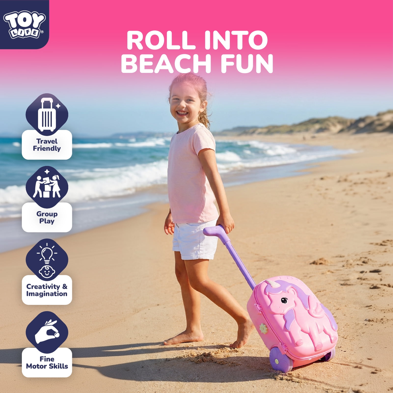 Toy Life Rolling Unicorn Sand Toy Set with Water Play Luggage (Pink, 8-Piece Set) z5nhs